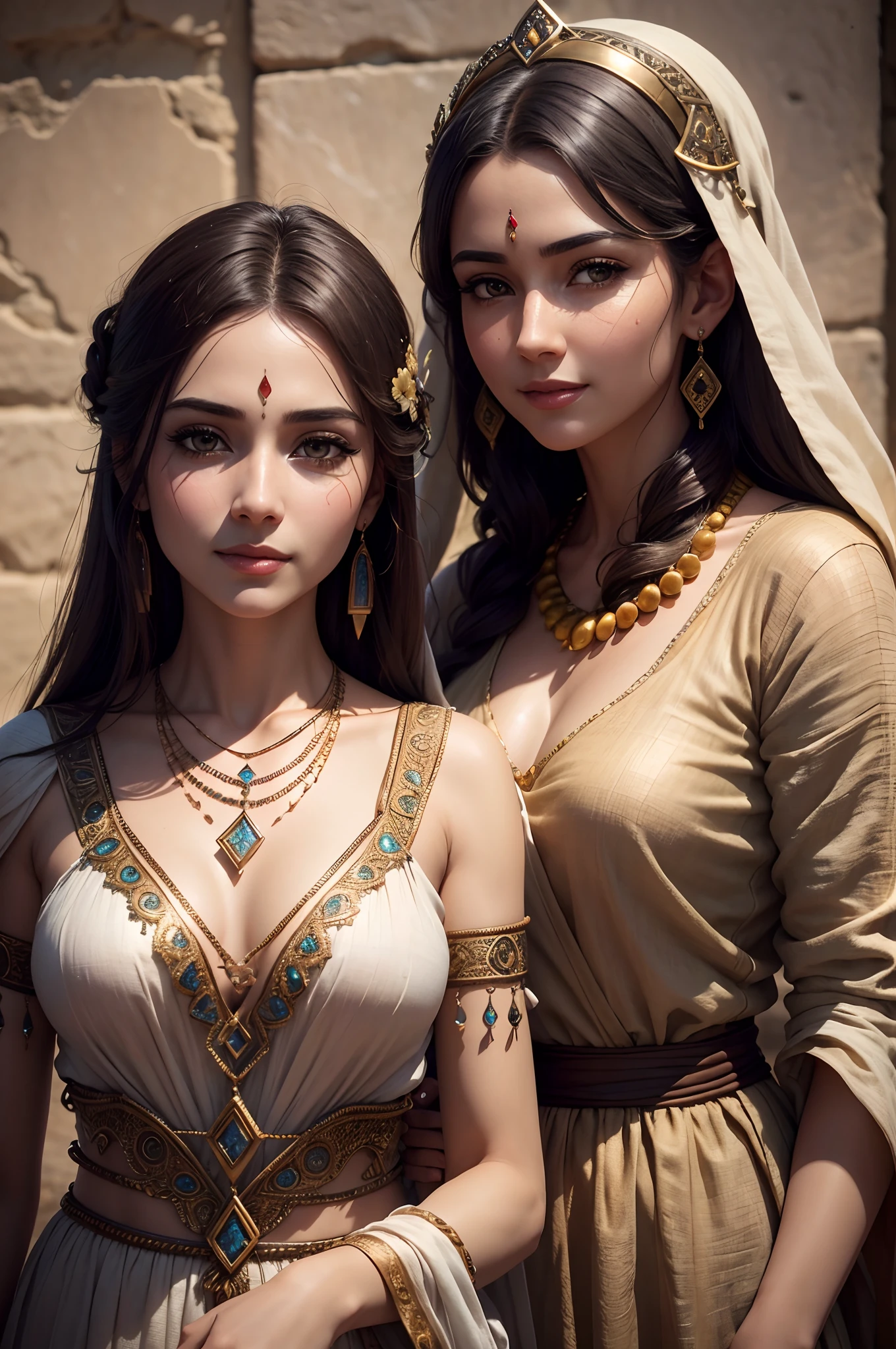 high quality, ultra-realistic, closeup portrait of two Beautiful women of ancient Mesopotamia, leering:1.4,dynamic pose,ancient Mesopotamian civilization, Babylonia, Uruk, tunics of various lengths, linen garments, agate necklaces,translucent paisley clothing, Kaunakes, bronze ware, a little smile, high adobe walls, luminism, 3d render, octane render, cinematic, Isometric, awesome full color, 8K Ultra HD, by yukisakura, high detailed,