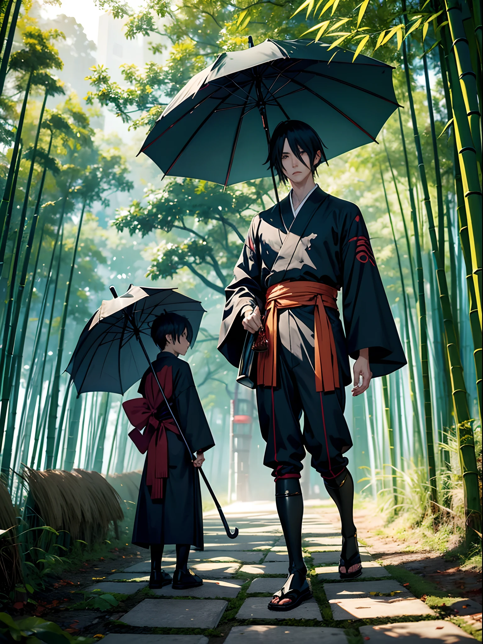 anime man demon, with a decorative umbrella, bamboo grove