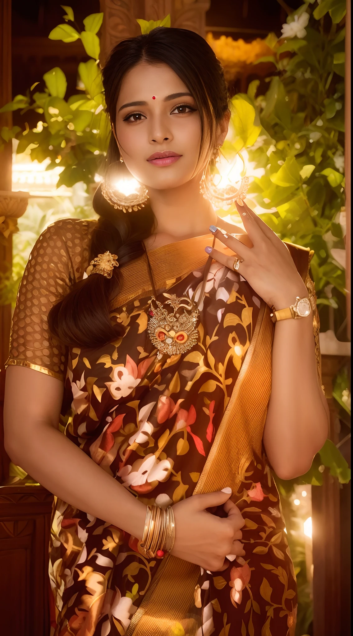 a woman in a sari posing for a picture, indian goddess, traditional beauty, indian, beautiful goddess, ornate cosplay, indian style, indian super model, beautiful maiden, gorgeous woman, south east asian with long, provocative indian, gorgeous beautiful woman, intricate outfit, hindu aesthetic, beautiful asian girl, extremely detailed goddess shot, jaw-dropping beauty, big boobs deep cleavage sexy navel