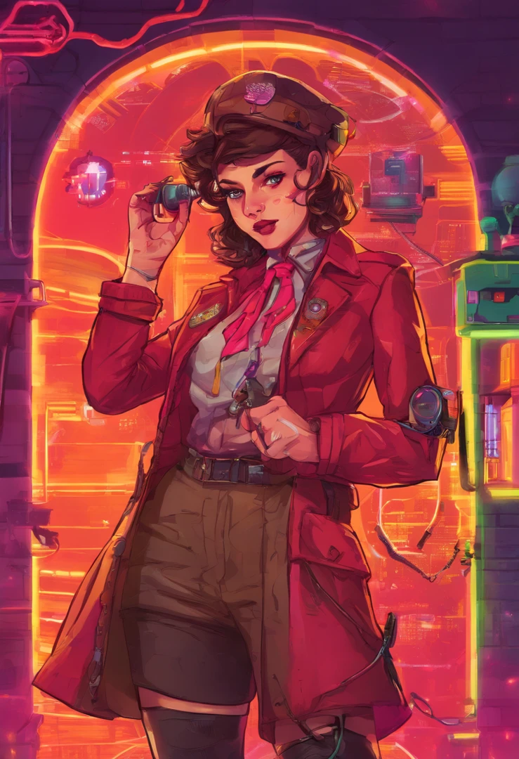 amelia_detective, collared shirt, red necktie, plaid skirt, thighhighs ,(detective accessories:0) deerstalker, brown capelet, pocket watch, stethoscope, syringe