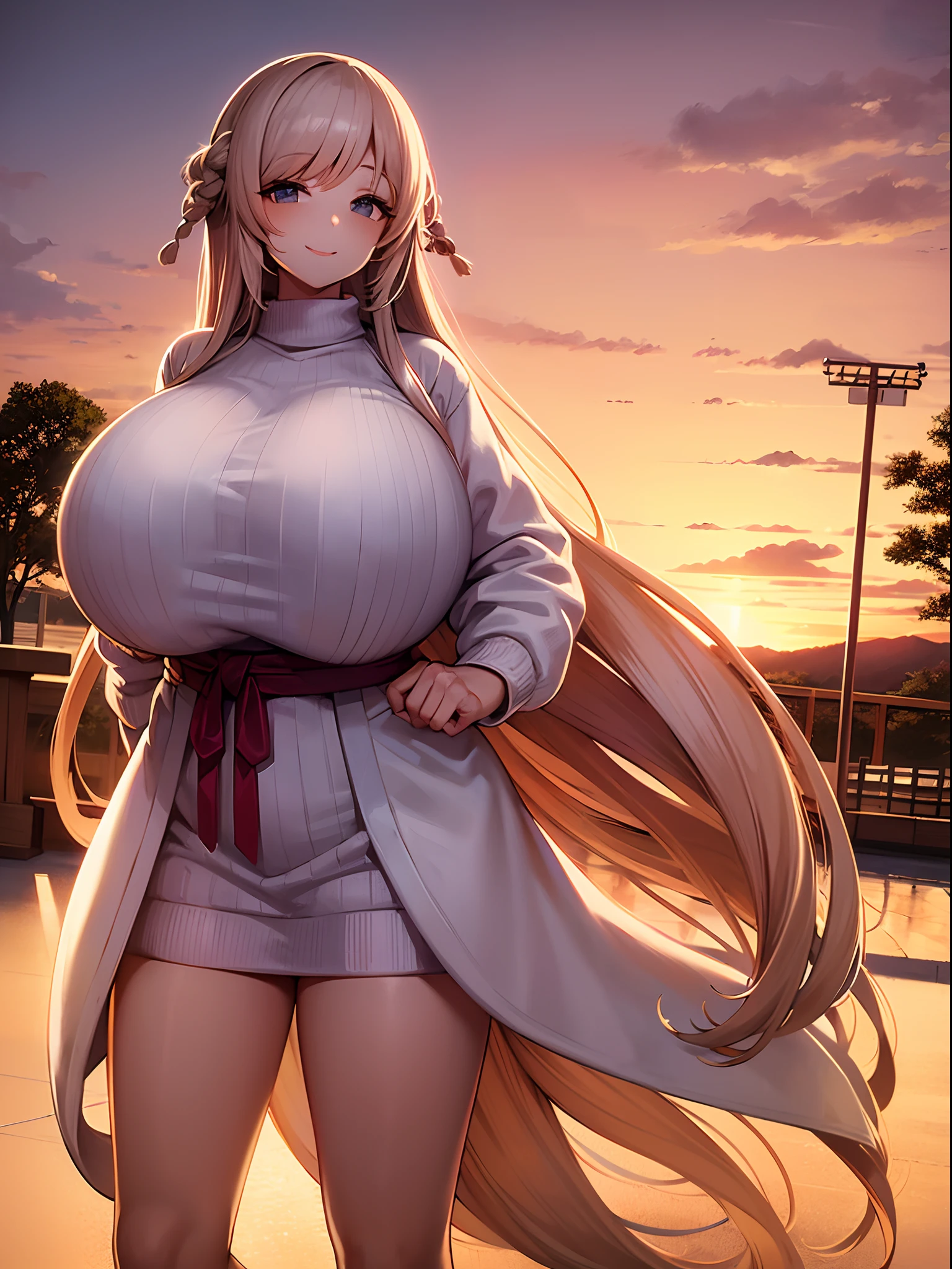 A beautiful  woman with very long hair and a gentle smile and a beautiful sunset in the background,((white summer sweater is huge  inflated )) ,anime,japan comic,