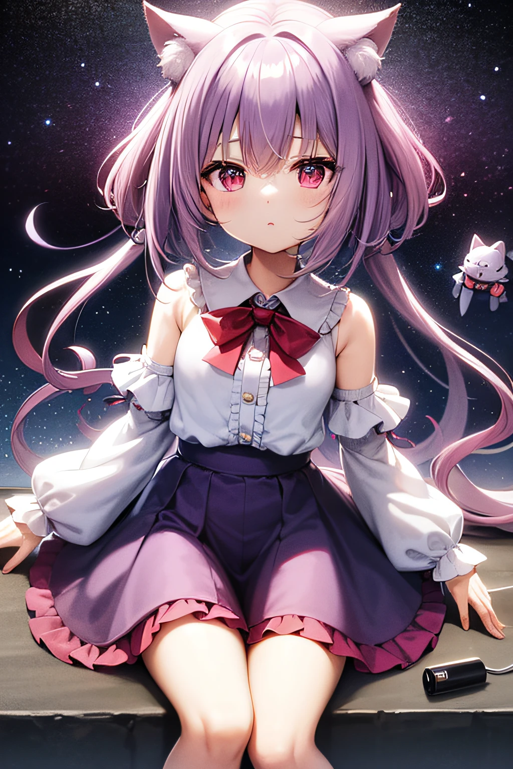 masutepiece、hightquality、high-level image quality、in 8K、Afee's Cosplay、personification、girl with、elementary student、Light purple clothes、Light purple hair、Medium Hair、Lilac elongated cat ears、White background、Red gems on the forehead、Chibi Chara、Write the whole body