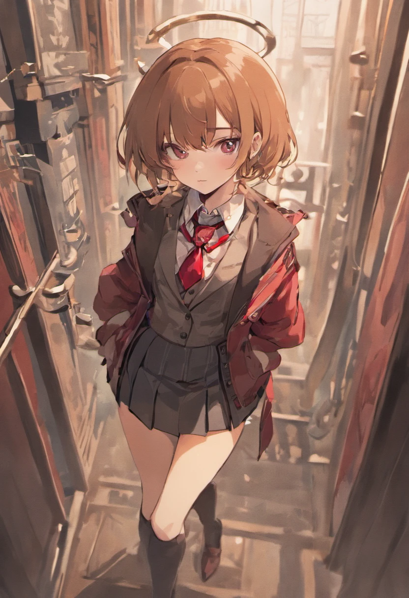 amelia_detective, collared shirt, red necktie, plaid skirt, thighhighs ,(detective accessories:0) deerstalker, brown capelet, pocket watch, stethoscope, syringe