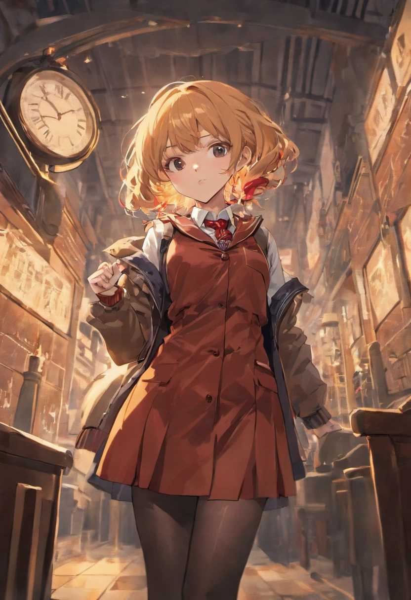 amelia_detective, collared shirt, red necktie, plaid skirt, thighhighs ,(detective accessories:0) deerstalker, brown capelet, pocket watch, stethoscope, syringe