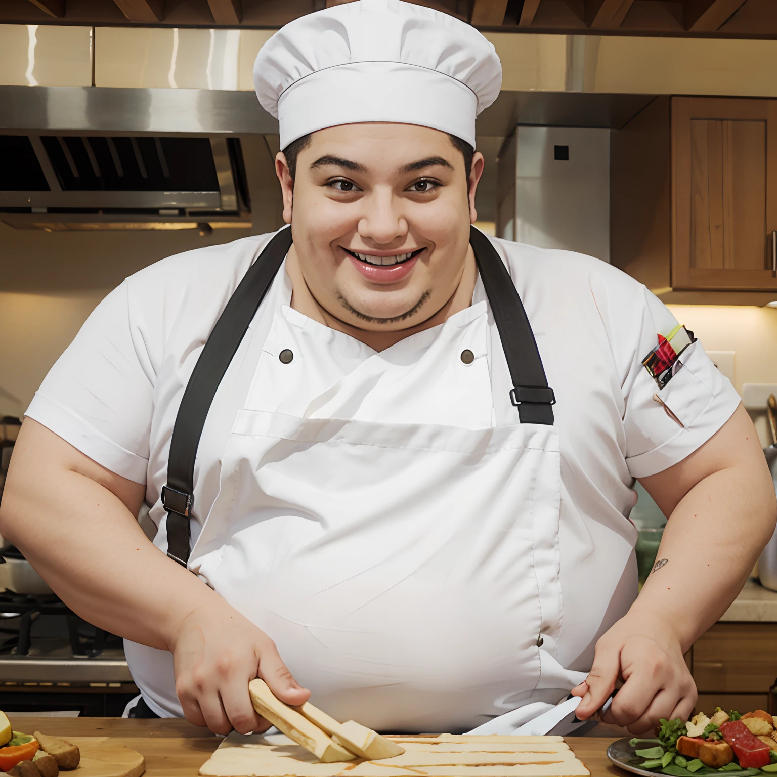 Obese chef with a knife in each hand making a big smile