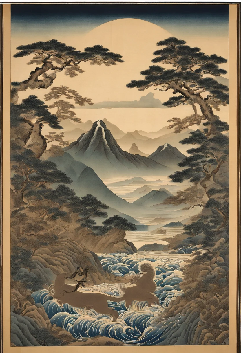 Yamakawa，rios，Sun，Mountain and Sea Skylark Scroll，Ancient mythology《Mountain and Sea Sutra》，mythological beasts，Epic composition，shadowing，National style