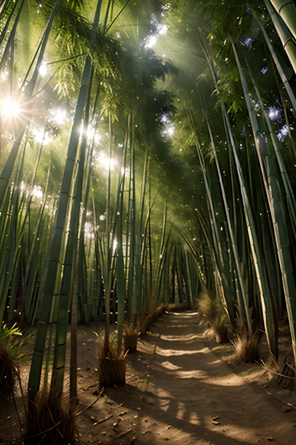 / Bamboo grove swaying in the wind illuminated by the first rays of morning sun