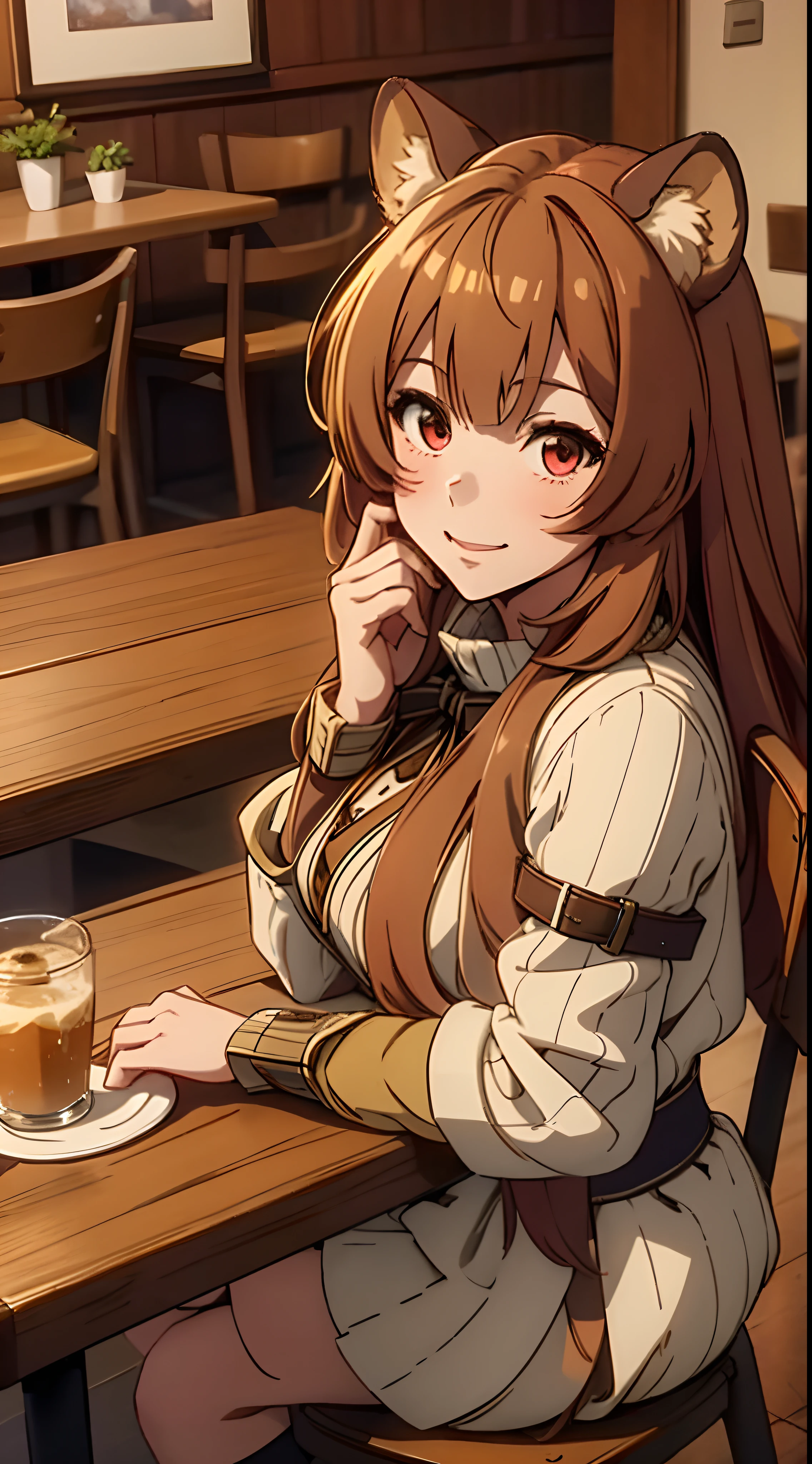 Raphtalia, ((masterpiece, best quality)), young, cute, adorable, 1girl, solo, long hair, looking at viewer, brown hair, red eyes, animal ears, fluff, raccoon girl, racoon tail, looking happy, happy face expression, indoors, at the cafe, sitting on stool, at the table, highest quality, high resolution.