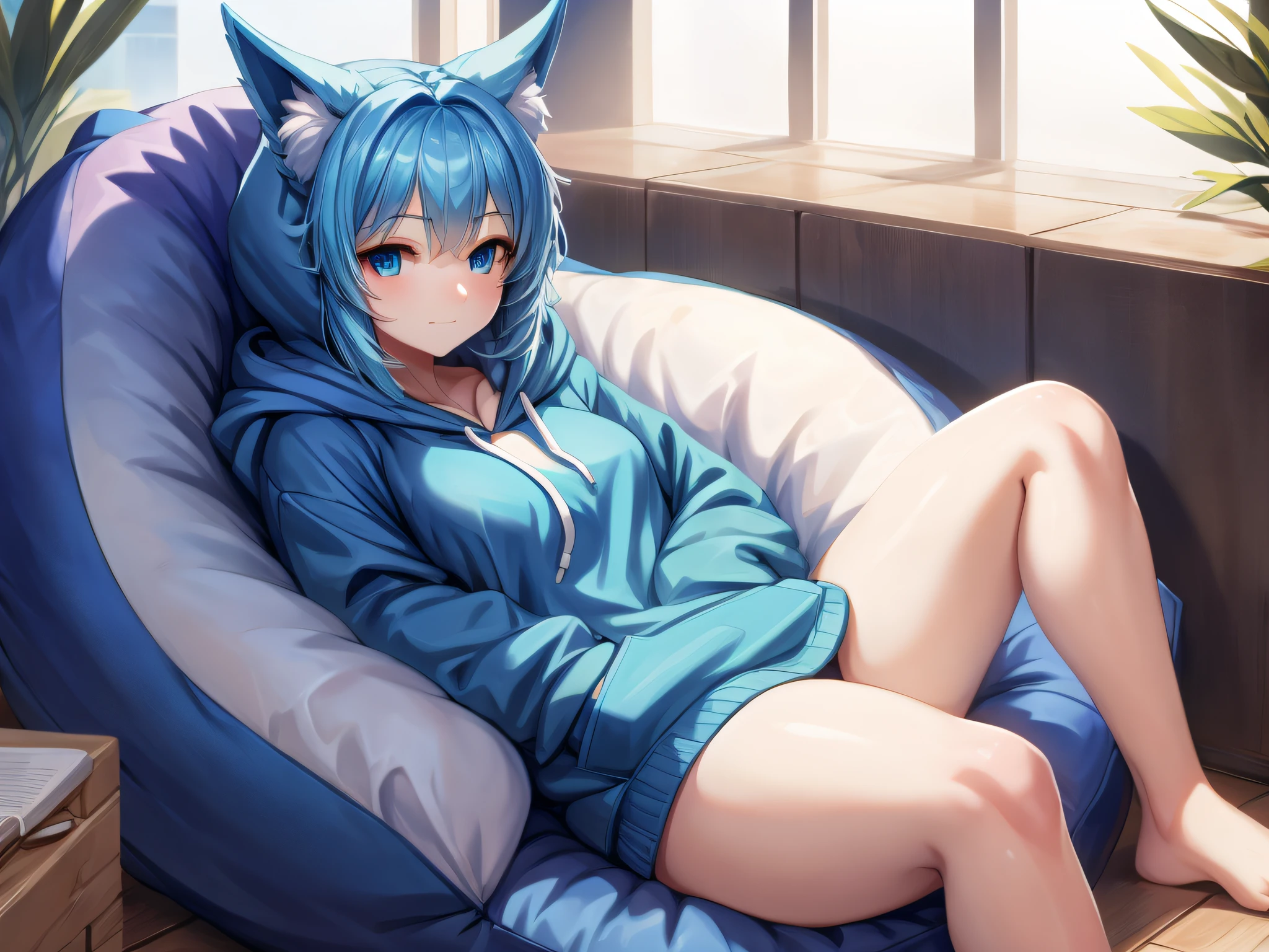 (Masterpiece) (High Detail) (High Res) A short humanoid girl with pale human skin and blue eyes and long blue hair and blue dog ears and a big fluffy dog tail and small breasts is relaxing on a large beanbag-chair, and is wearing just an oversized hoodie.