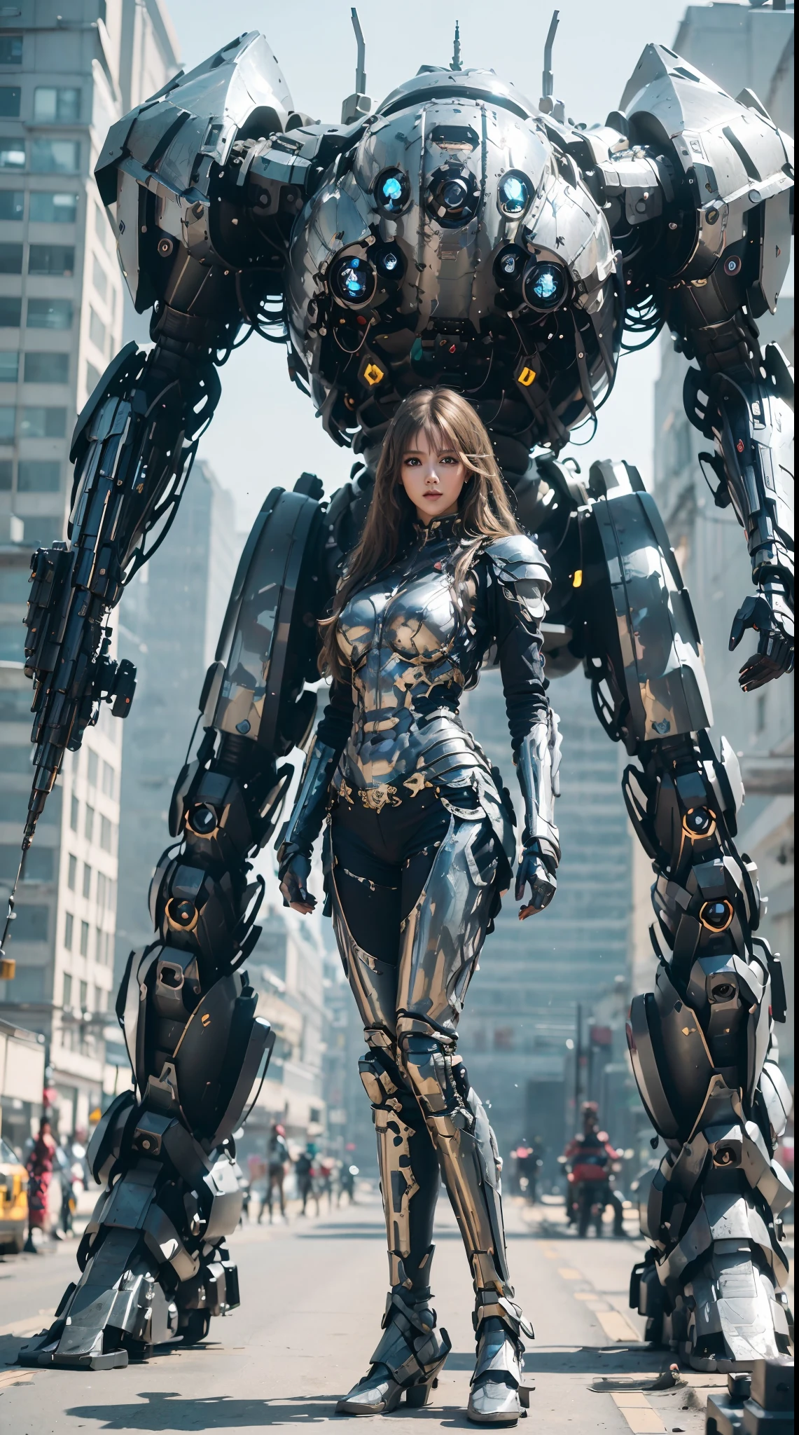 which stands on the street，Huge mech girl，long whitr hair，ssmile,Realistic metal armor,shiny metal armor, ((Best quality,4K,8K,A high resolution,Masterpiece:1.2),(Realistic,Photorealistic,photo-realistic:1.37)).