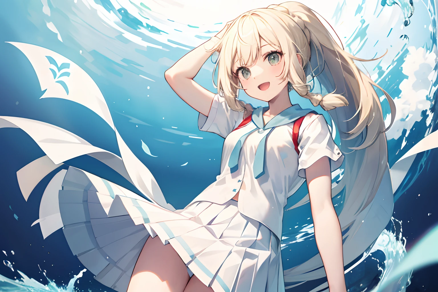 Alily, Long hair, Ponytail, french braids, White shirt, Short sleeves, White skirt, Pleated skirt,Smile with open mouth,Top image quality,masutepiece,Best Quality