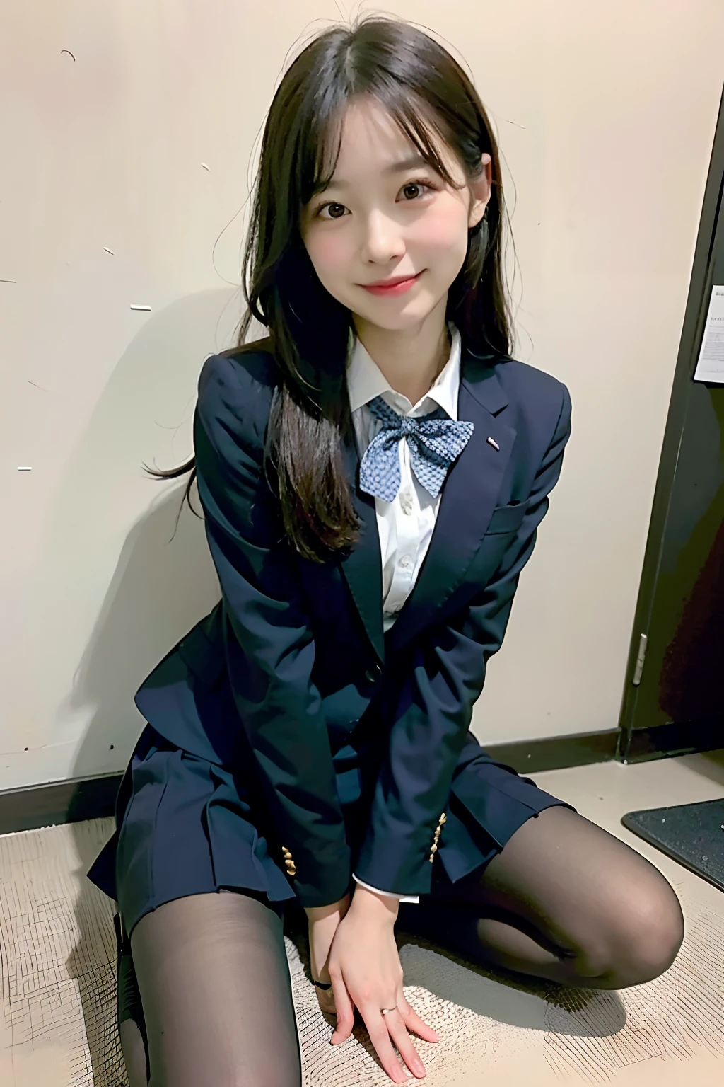 Professional, (4K Photos:1.1) 、there is a woman in a suit and bow tie sitting on the floor, Bent knees、Spread your legs、Wearing ultra-realistic pantyhose、かわいいhigh school girl,  seifuku, 超現実的なhigh school girl, 厳格なWearing a suit, A shy smile、Japanese School Uniform, high school girl, high school girlの格好をした, Japanese Uniform, Wearing a suit