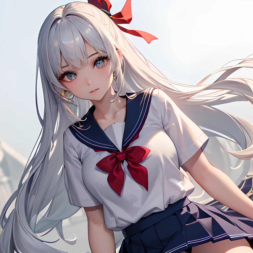 masterpiece, best quality, extremely detailed cg unity 8k wallpaper, high-quality, ultra-detailed, depth of field,beautiful detailed skin, beautiful detailed body,beautiful detailed eyes,sparkling eyes,drooping eyes,beautiful detailed face,cute face,1 mature women,(sailor uniform,(white short sleeve shirt,navy blue collar,red chest ribbon,mini skirt)),