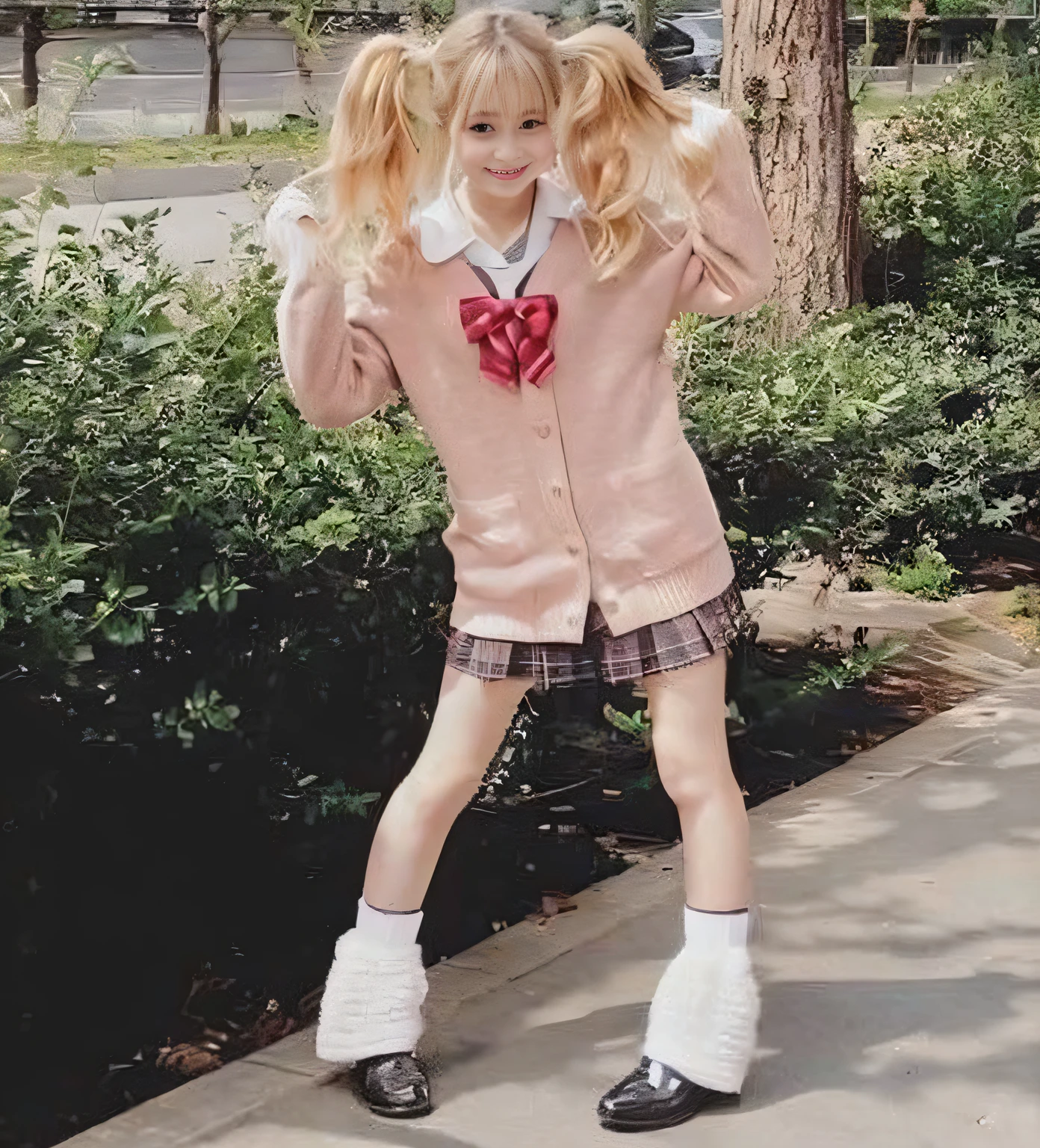 hi-school girl、White cardigan、a blond、Beautiful face、Beautiful makeup、a miniskirt、White loose socks、Full body like