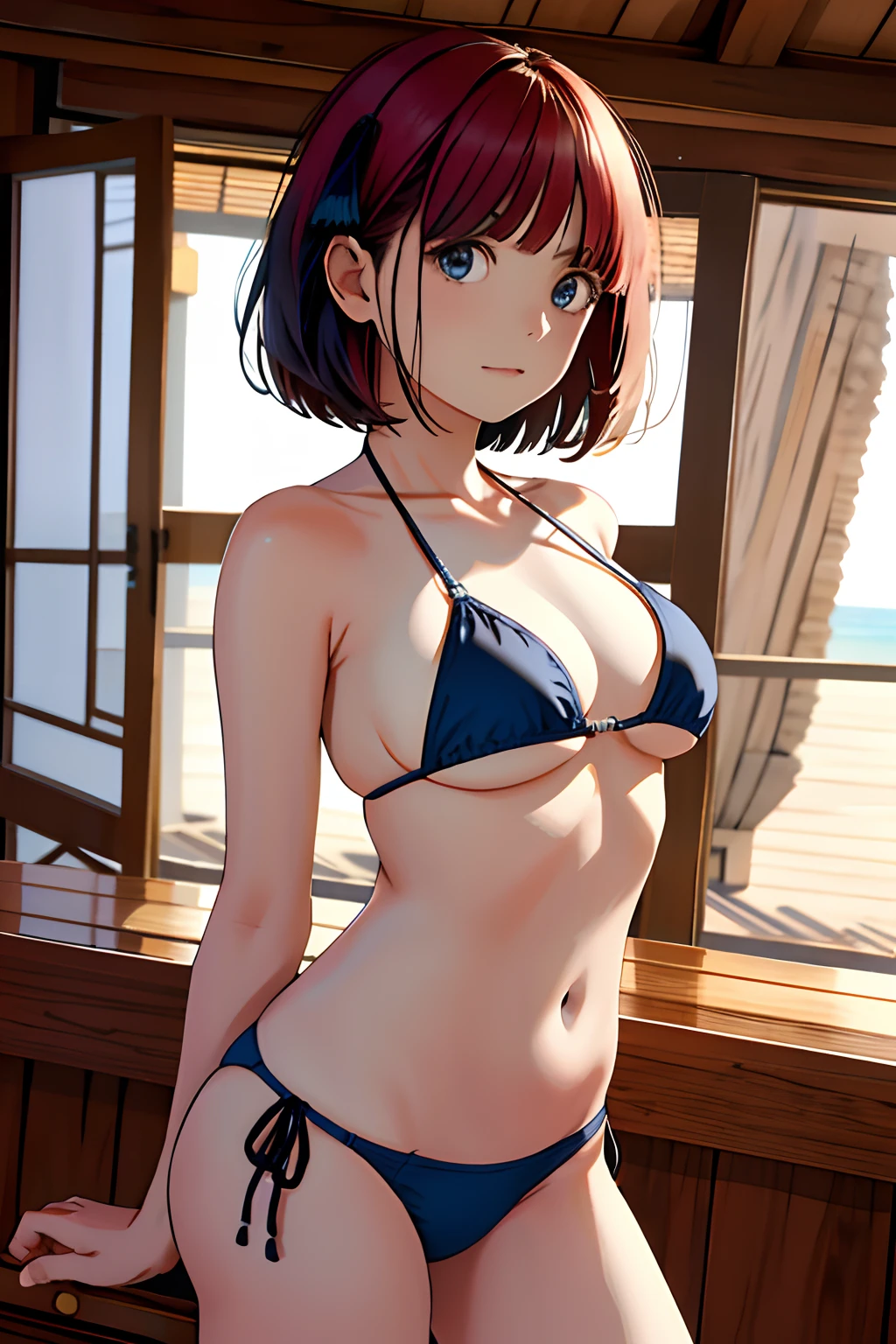 obra maestra, mejor calidad, highres, nn1, 1girl, cinta de pelo, pelo corto, 1girl, solo, Bikini, Muslos anchos, pechos grandes, en sala de estar, mirando al espectador,
