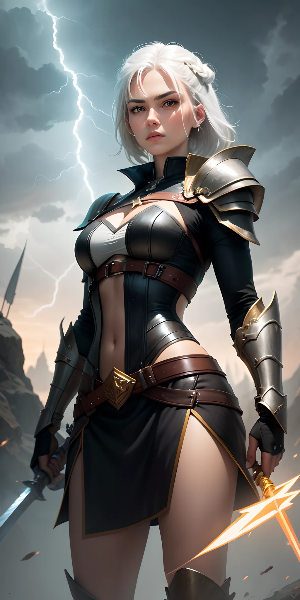 Make a character of a black-colored, white-haired warrior woman with a sword sticking out lightning bolts