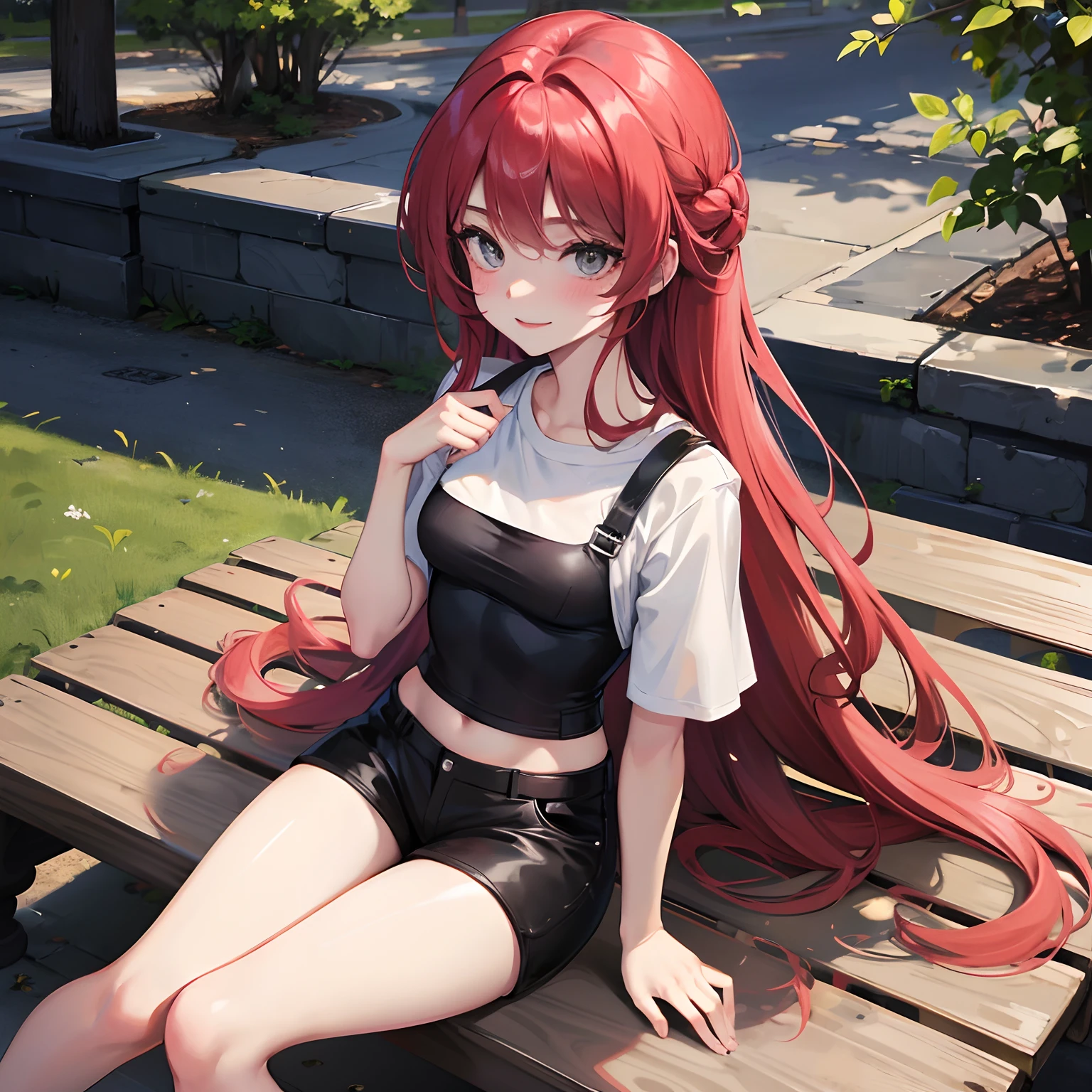 Red long hair, Grey eyes, blush, Smile, Tolerable, Masterpiece, Best Quality, high resolucion;,detail enhancement,best qualtiy,perfect image quality,Visible breasts, The chest is fully exposed, nipplestits, Beautiful and sexy, One-person viewpoint, Small moles under the eyes , prety, large full breasts, s whole body, perfect hand, In the evening, Sitting on a park bench, White short-sleeved T-shirt, Black shorts, The top is up to the chest, Lift the top, perfect body figure