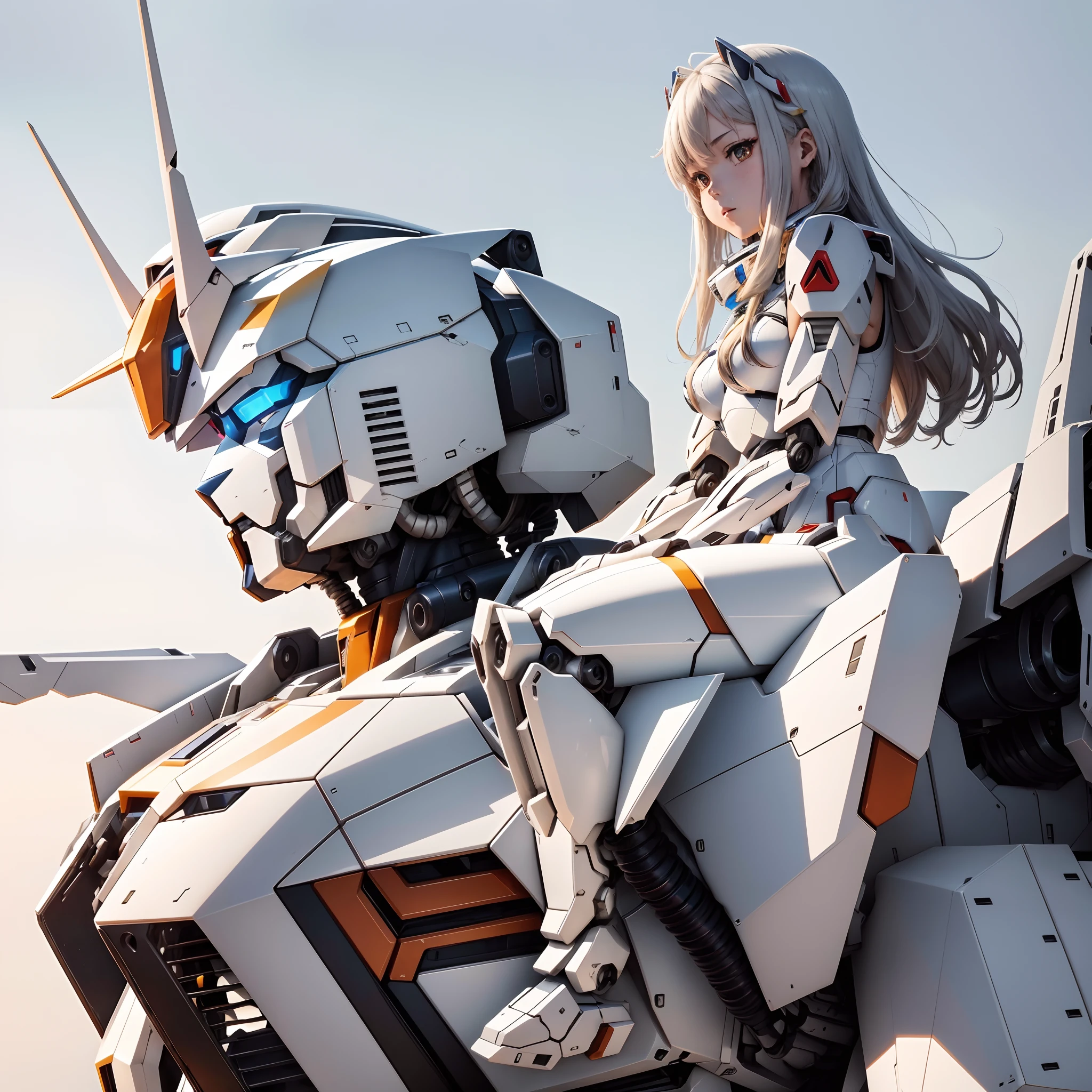 Close-up of a person sitting on a large robot, on a gundam, Anime manga robot!! Anime girl, gundam style, mecha anime, modern mecha anime, Mobile Suit, railgun, Fully robotic!! Girl, mecha asthetic, cool mecha style, white color mecha, ferra white mecha, anime mecha aesthetic, female mecha