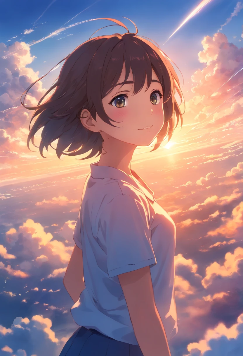 masterpiece, best quality, movie still, 1girl, cloud girl, floating in the sky, close-up, bright, happy, warm soft lighting, sunset, (sparks:0.7)