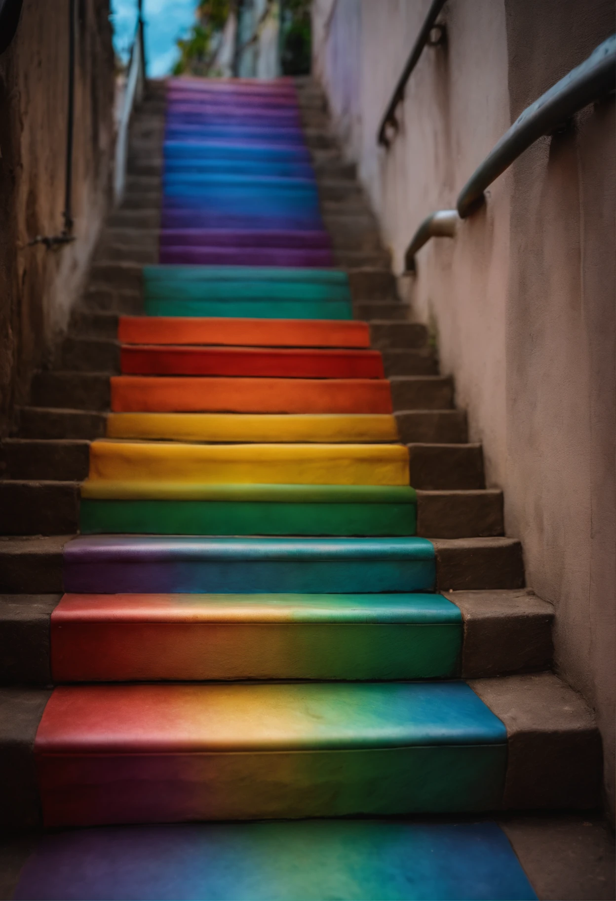 Close-up of the stairs leading to the rainbow sky, Very colorful stairway to heaven. The sky is full of iridescent clouds. This staircase leads from hell to heaven, Reflecting the colors of the heavens. Rainbow clouds lead you to a colorful sky. This path is known as the Rainbow Trail, Looks like iridescent eyes. The scene is full of beautiful colors, colorful skies, Rainbow Color, Heaven, Psychedelic sky, colorful image, And great colors.