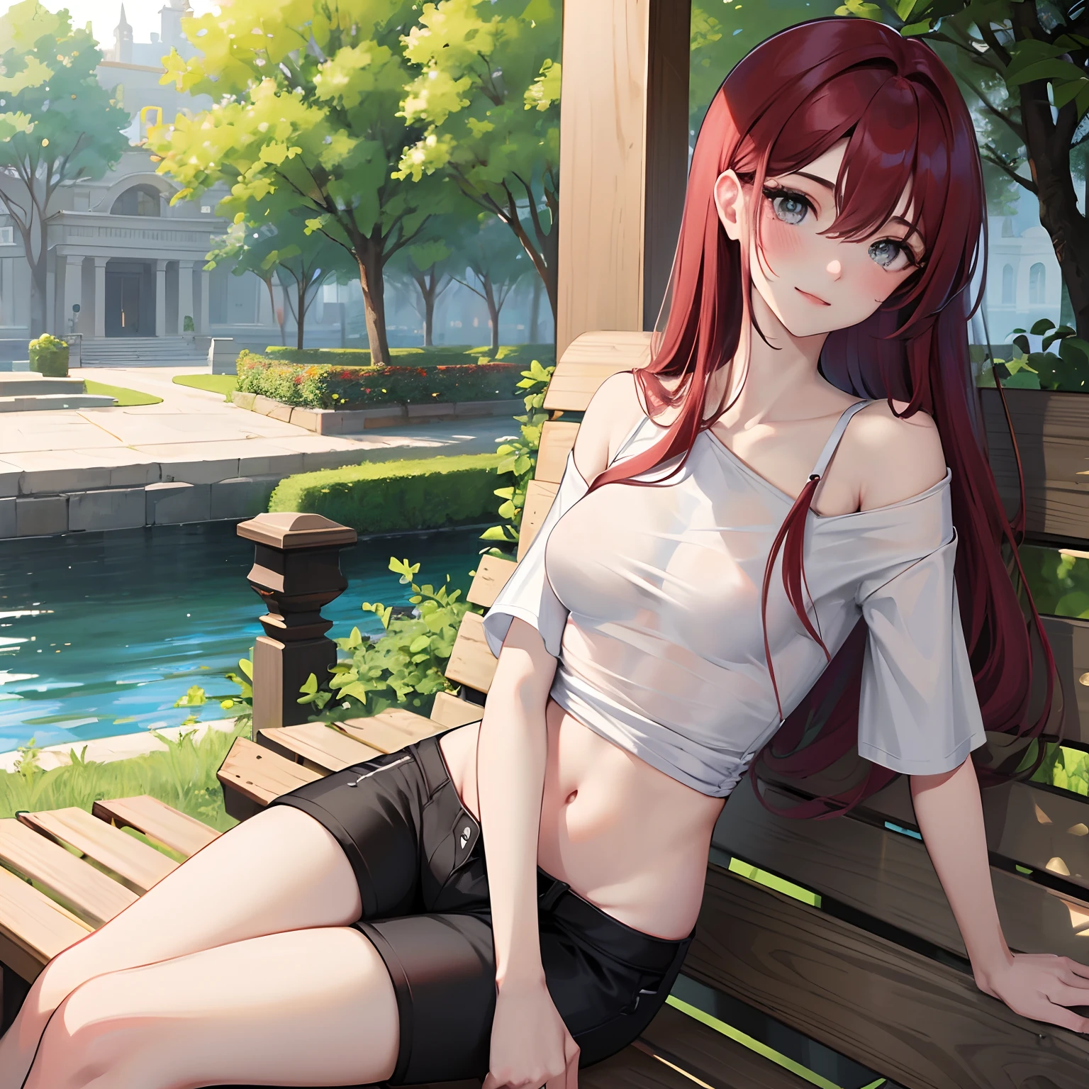 Red long hair, Grey eyes, blush, Smile, Tolerable, Masterpiece, Best Quality, high resolucion;,detail enhancement,best qualtiy,perfect image quality,Visible breasts, The chest is fully exposed, nipplestits, Beautiful and sexy, One-person viewpoint, Small moles under the eyes , prety, large full breasts, s whole body, perfect hand, In the evening, Sitting on a park bench, White short-sleeved T-shirt, Black shorts, The top is up to the chest, Lift the top, perfect body figure