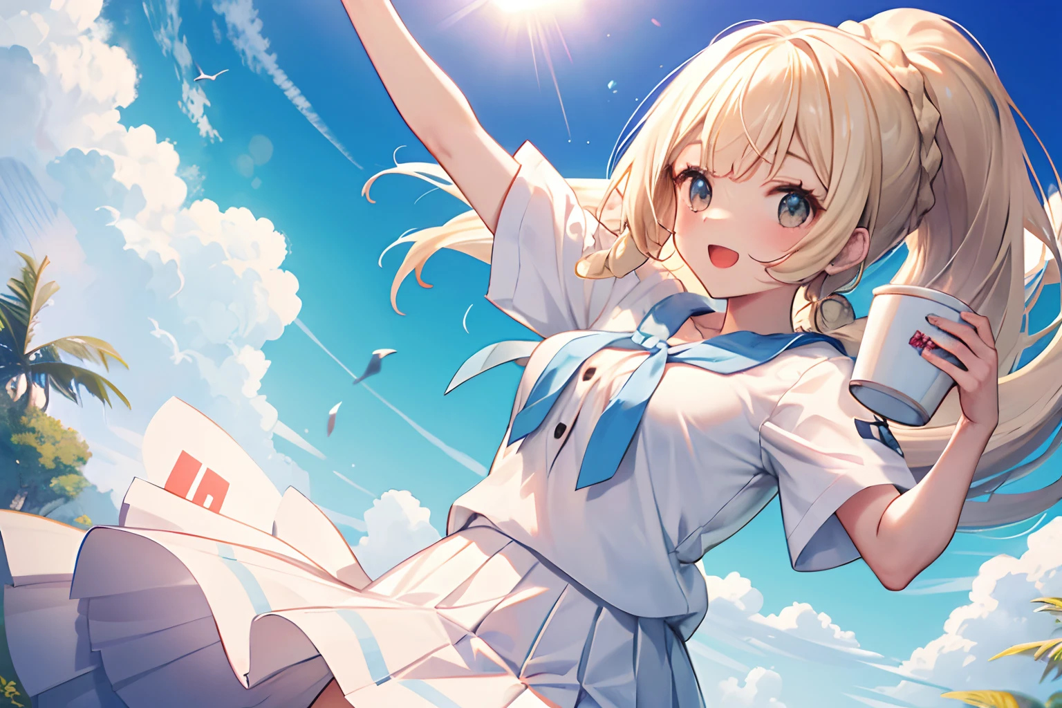 Alily, Long hair, Ponytail, french braids, White shirt, Short sleeves, White skirt, Pleated skirt,Smile with open mouth,Top image quality,masutepiece,Best Quality、coffee cup
