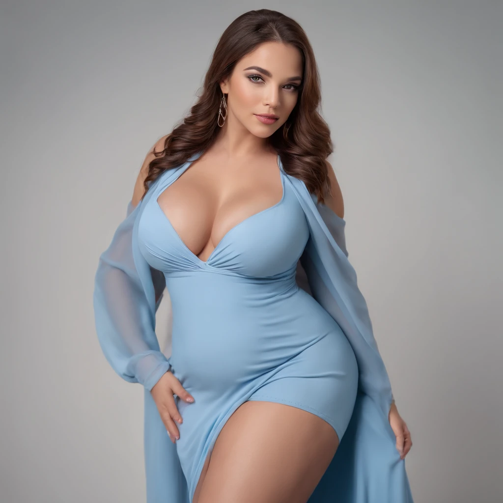 Femme latine posant avec de gros seins et de gros seins, Curvy Body, Curved model, Corps voluptueux, Silhouette voluptueuse, Thick Body, Belles courbes, Soft and curved shape, Curved silhouette, bien en chair. Detailed, Clear meandering details, Attractive feminine curves, photorealistic perfect body, Voluptueux et excitant, curvy hourglass figure, porter une robe bleu clair, gros cul, ass