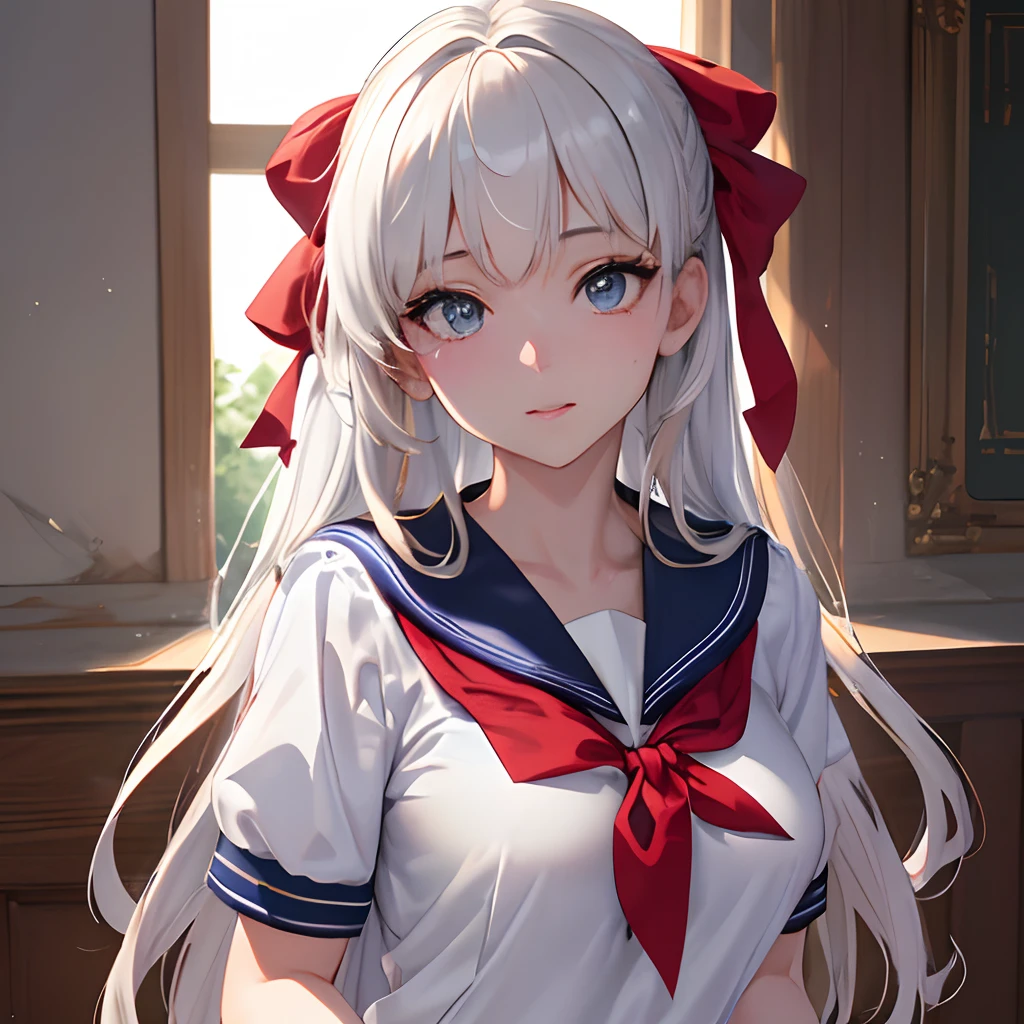 masterpiece, best quality, extremely detailed cg unity 8k wallpaper, high-quality, ultra-detailed, depth of field,beautiful detailed skin, beautiful detailed body,beautiful detailed eyes,sparkling eyes,drooping eyes,beautiful detailed face,cute face,1 mature women,(sailor uniform,(white short sleeve shirt,navy blue collar,red chest ribbon,mini skirt)),