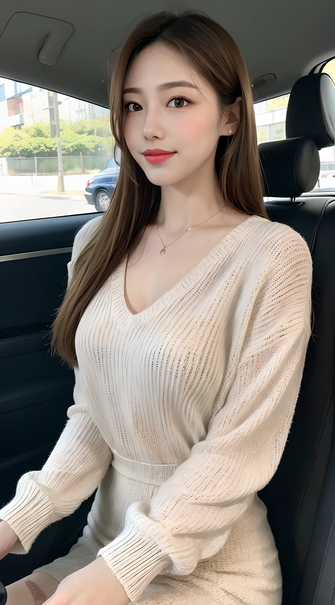 ((Best Quality, 8k, Masterpiece: 1.3)), Focus: 1.2, Perfect Body Beauty: 1.4, Buttocks: 1.2, ((Delicate Hair)), (Sweater Dress: 1.1), (Sports car, street: 1.2), Highly detailed face and skin texture, Fine eyes, Double eyelids, Whitened skin, Smile, Wearing necklace, ring, person sitting inside a car.