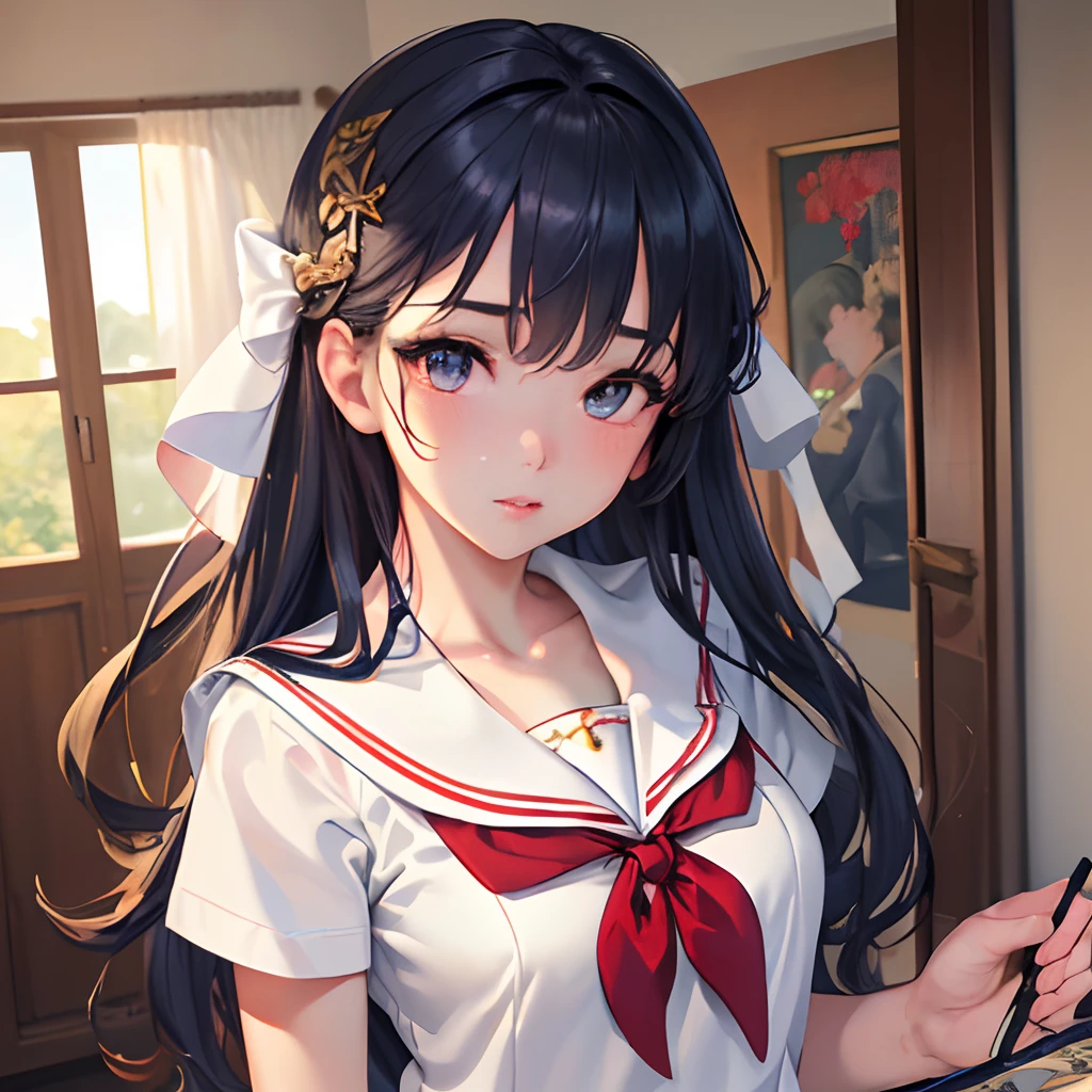 masterpiece, best quality, extremely detailed cg unity 8k wallpaper, high-quality, ultra-detailed, depth of field,beautiful detailed skin, beautiful detailed body,beautiful detailed eyes,sparkling eyes,drooping eyes,beautiful detailed face,cute face,1 mature women,(sailor uniform,(white short sleeve shirt,navy blue collar,red chest ribbon,mini skirt)),