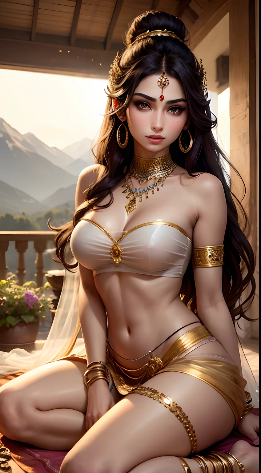 Mouni Roy, as a beautiful young maiden, brown hair, stitting on her knees, picking flowers, large breasts, long hair tied in a bun, wearing a strapless bra and a transparent sarong, wearing heavy makeup, long eye lashes, eye mascara, wearing golden ornaments, bindi, long earrings, necklace, arm bands, bangles, nose ring and waist chain, transparent clothes, worried look, mountains in the background