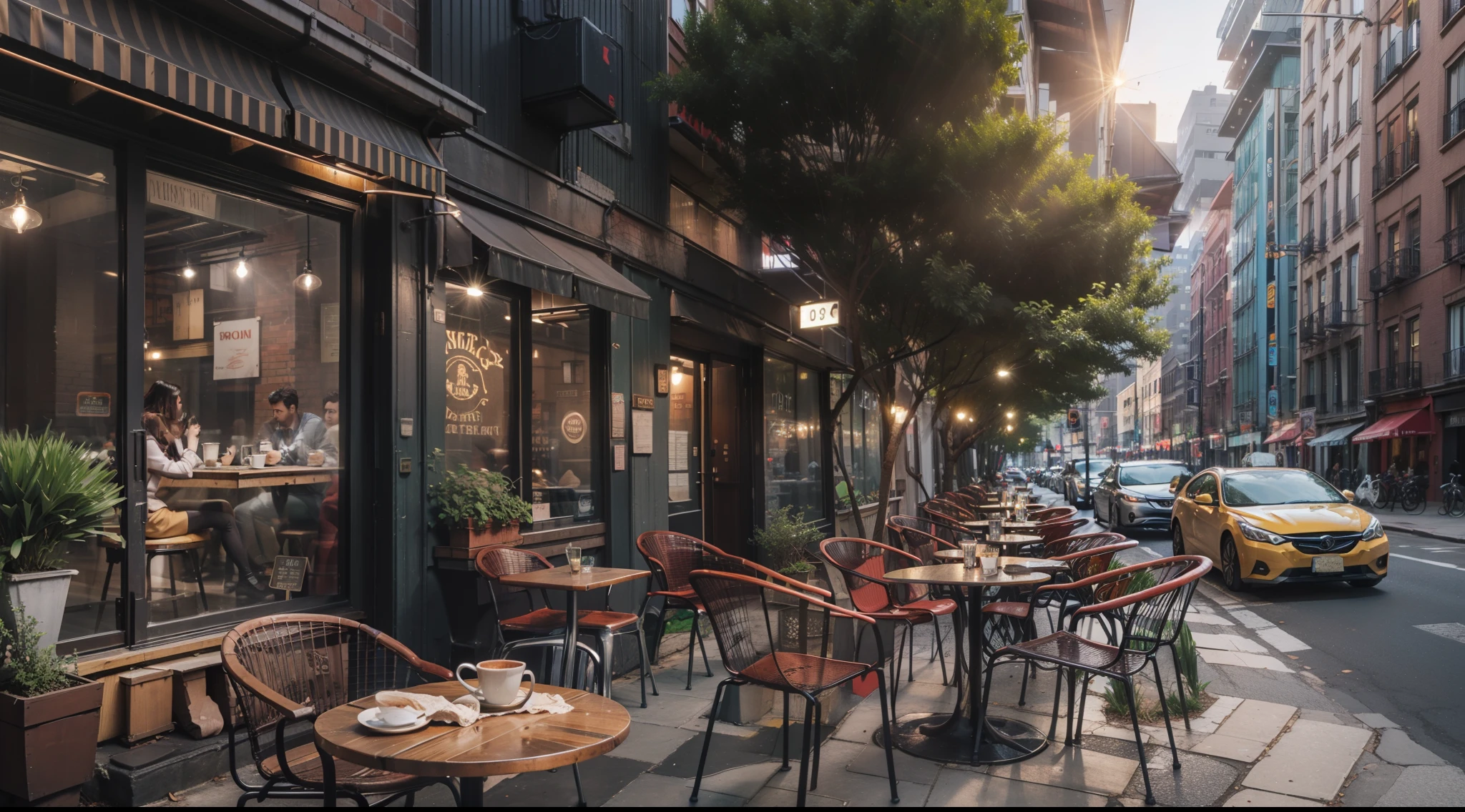 New York Street, View of a coffee shop with a terrace , No portraits , Masterpiece, Best Quality, High Quality,Extremely detailed CG unity 8k wallpaper, Best Quality, Ultra-detailed, high resolucion,