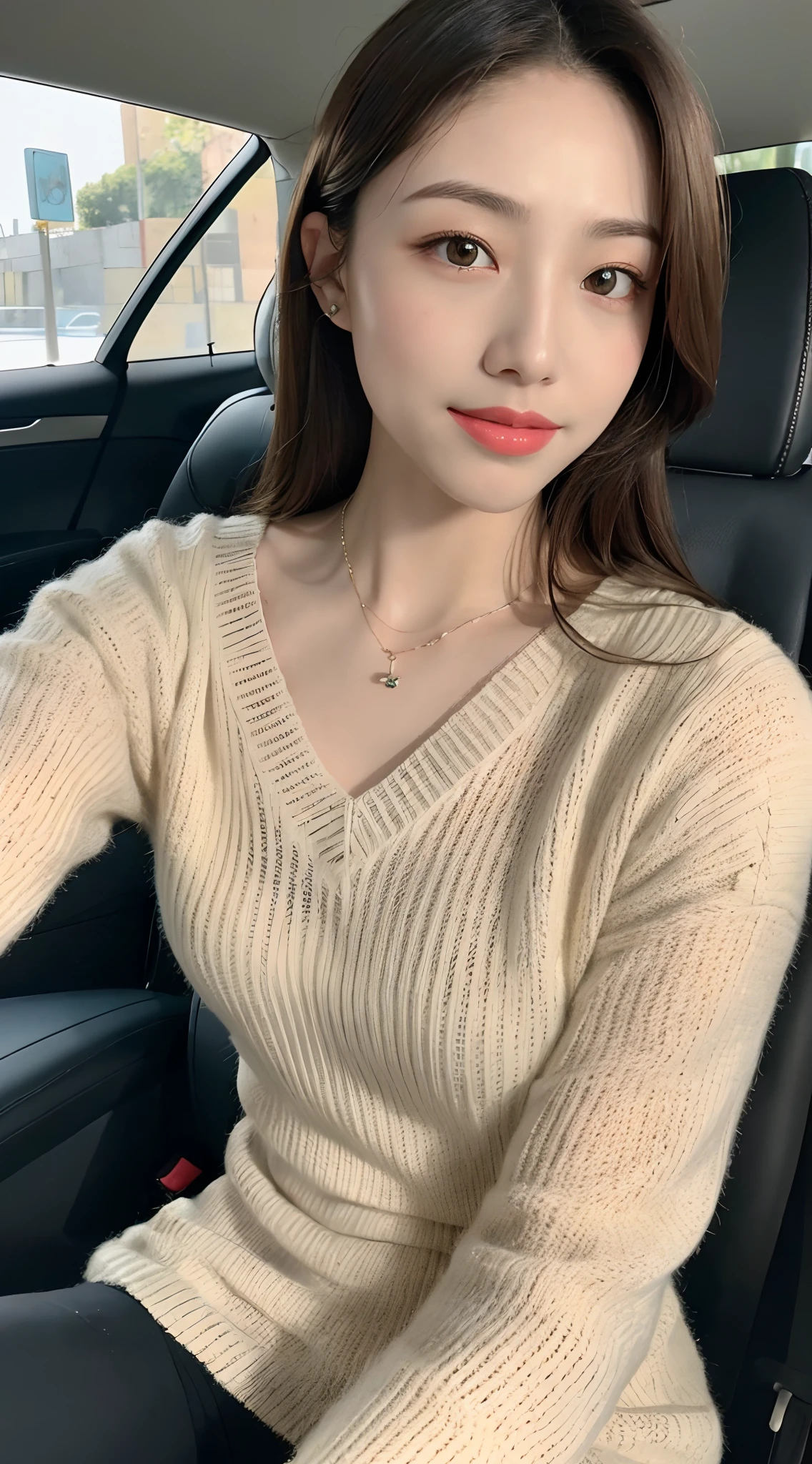 ((Best Quality, 8k, Masterpiece: 1.3)), Focus: 1.2, Perfect Body Beauty: 1.4, Buttocks: 1.2, ((Delicate Hair)), (Sweater Dress: 1.1), (Sports car, street: 1.2), Highly detailed face and skin texture, Fine eyes, Double eyelids, Whitened skin, Smile, Wearing necklace, ring, person sitting inside a car.