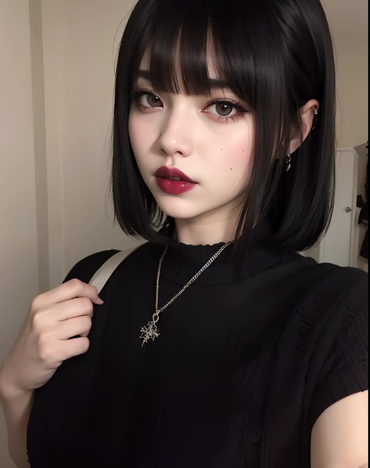 mulher com uma camisa preta e um colar segurando uma faca, cruel korean goth girl, preto hime corte cabelo, goth girl aesthetic, Ela tem cabelo preto com franja, 1 7 - year - old anime goth girl, Ulzzang, Menina anime na vida real, pale goth beauty, 1 7 - year - old goth girl, gothic aesthetic