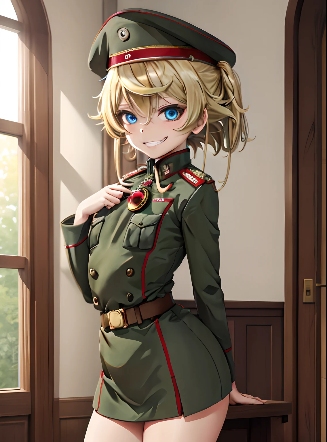 masterpiece, detailed, high quality, absurdres, tanya, 1girl, solo, evil grin, small breasts, curvy, military, military uniform,