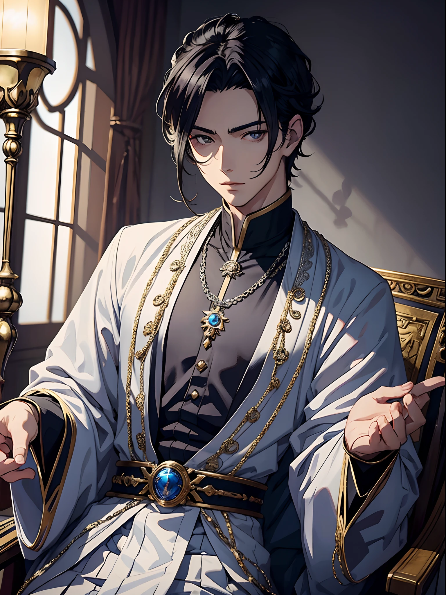 anime handsome emperor, silver intricate clothes, black hair in inticate hairstyle, silver jewelry