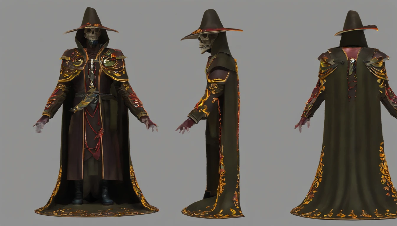 Crie um desenho aterrorizante de um bruxo bruxo. This wizard is a being of darkness, his face is skeletal, com olhos afundados e sem pupila, apenas uma chama ardente. Their skin is stretched like parchment and covered in mysterious runes that seem to move. on the headpiece, He wears a wide-brimmed hat, cujas sombras escondem seu rosto, e pingando dele pingando com cera derretida, as if the hat were a lit candle. His torn black cloak seems to be made of living shadows that stretch to infinity. The wizard holds a twisted staff with a human skull at the end, e um escuro, viscous substance oozes from the skull. Around it is a circle of candles that burn in green flames and exude a sulfurous smell. The background is dark and full of sinister shadows.