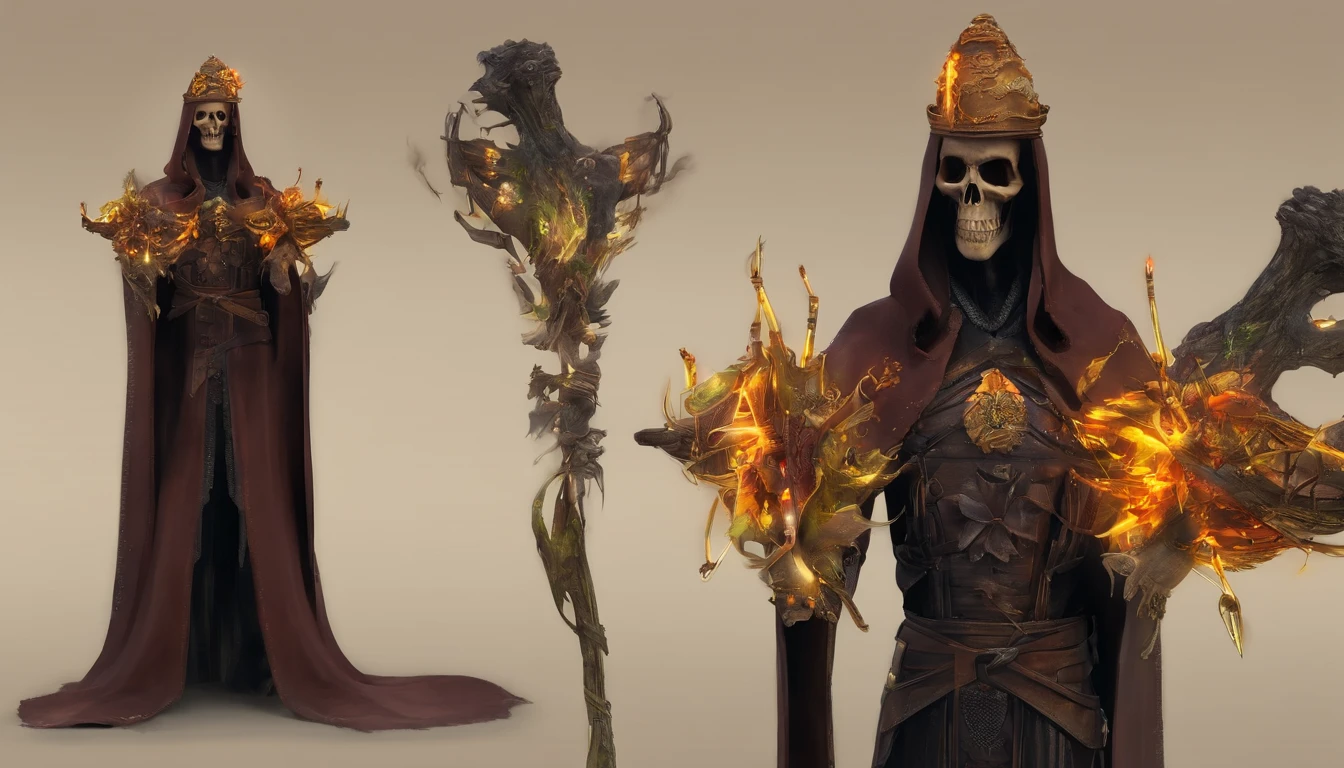 Crie um desenho aterrorizante de um bruxo bruxo. This wizard is a being of darkness, his face is skeletal, com olhos afundados e sem pupila, apenas uma chama ardente. Their skin is stretched like parchment and covered in mysterious runes that seem to move. on the headpiece, He wears a wide-brimmed hat, cujas sombras escondem seu rosto, e pingando dele pingando com cera derretida, as if the hat were a lit candle. His torn black cloak seems to be made of living shadows that stretch to infinity. The wizard holds a twisted staff with a human skull at the end, e um escuro, viscous substance oozes from the skull. Around it is a circle of candles that burn in green flames and exude a sulfurous smell. The background is dark and full of sinister shadows.