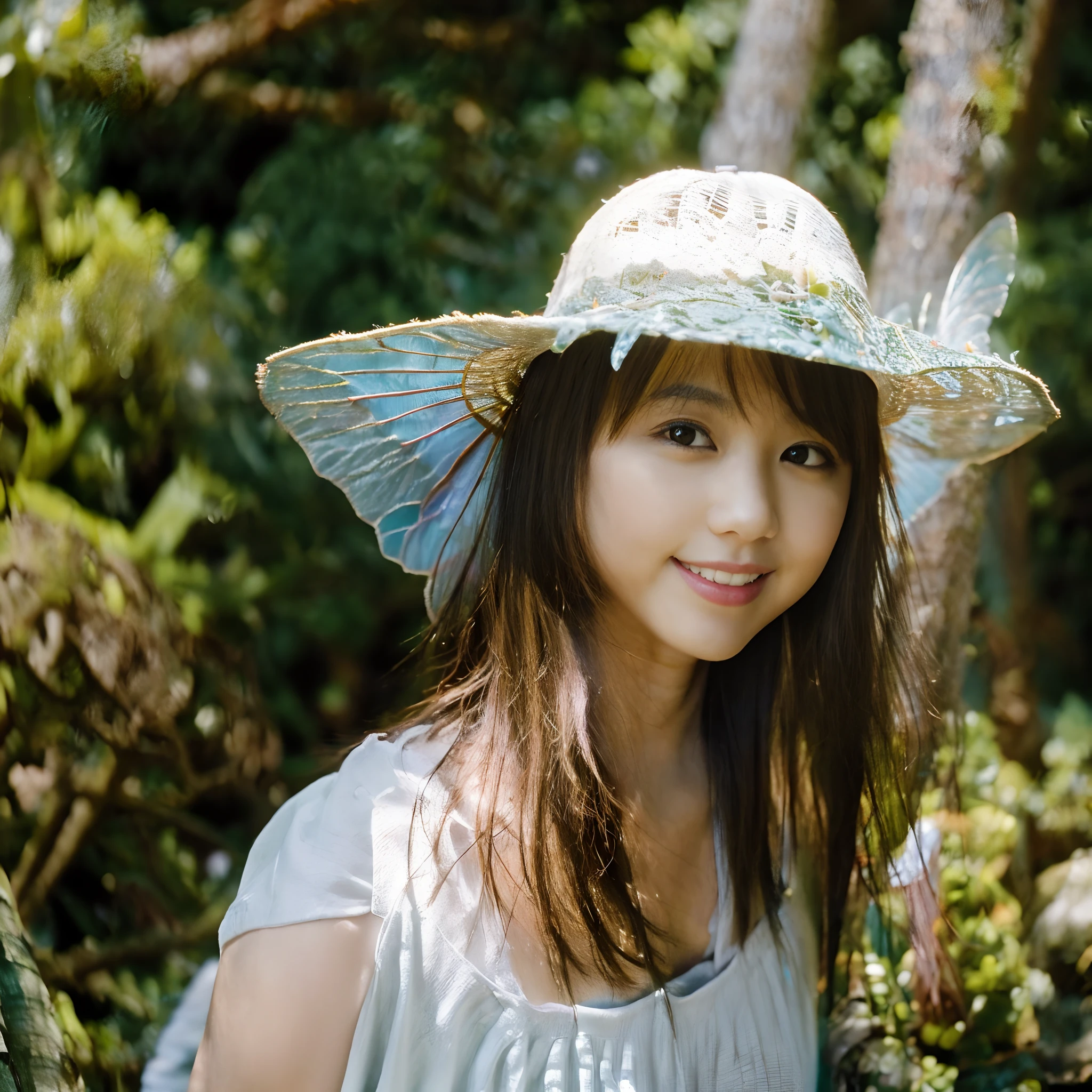 (Beautiful fairy in the forest:1.4),Realistic style,Surrounded by forests and spring water,Adding clarity to spring water,upper Shot,Face Focus,(Looking at Viewer:1.2),Smile,Sharp face,Cute eyes and noses,realphoto,4K,8K,Standing,big tits,