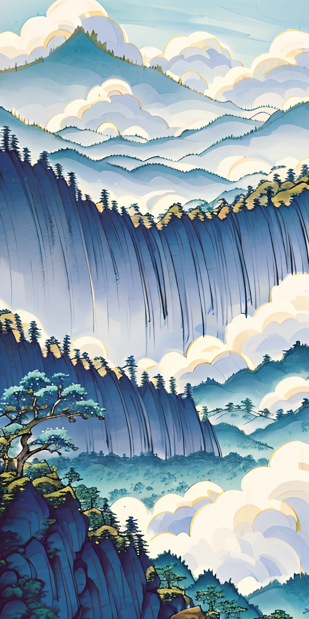masterpiece, best quality, high quality, extremely detailed CG unity 8k wallpaper, scenery, outdoors, sky, cloud, day, no humans, mountain, landscape, water, tree, blue sky, waterfall, cliff, nature, lake, river, cloudy sky,award winning photography, Bokeh, Depth of Field, HDR, bloom, Chromatic Aberration ,Photorealistic,extremely detailed, trending on artstation, trending on CGsociety, Intricate, High Detail, dramatic, art by midjourney