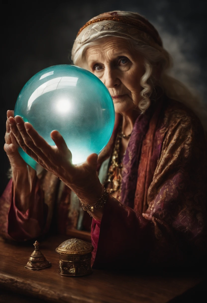 Elderly psychic with crystal ball with crystal ball looking forward