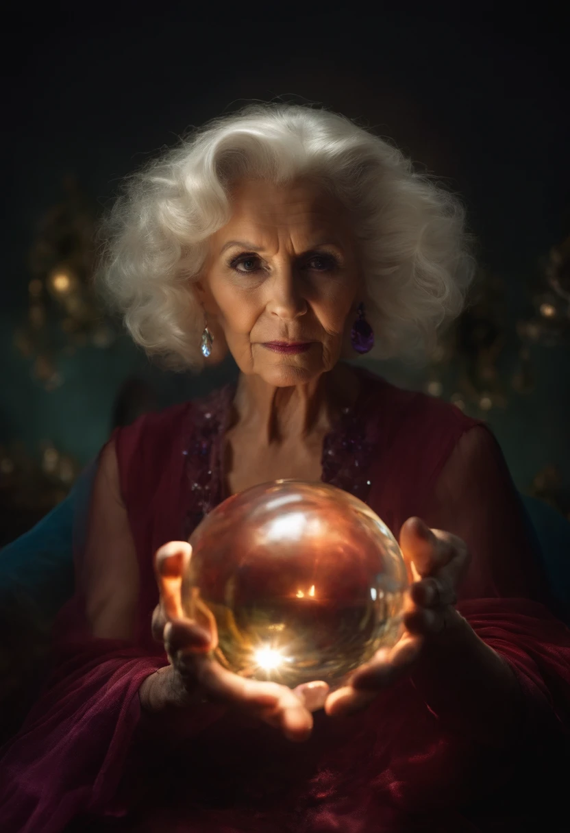 Elderly psychic with crystal ball with crystal ball looking forward