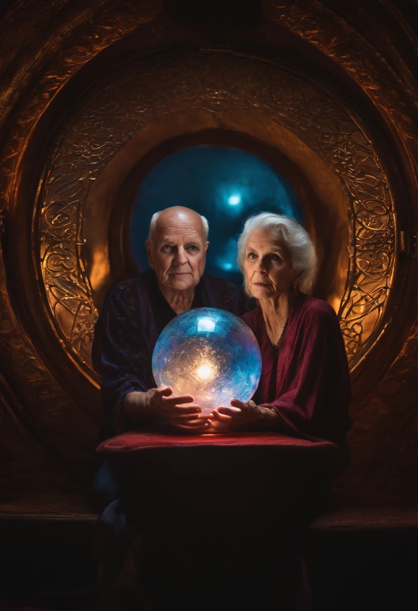 Elderly psychic with crystal ball with crystal ball looking forward
