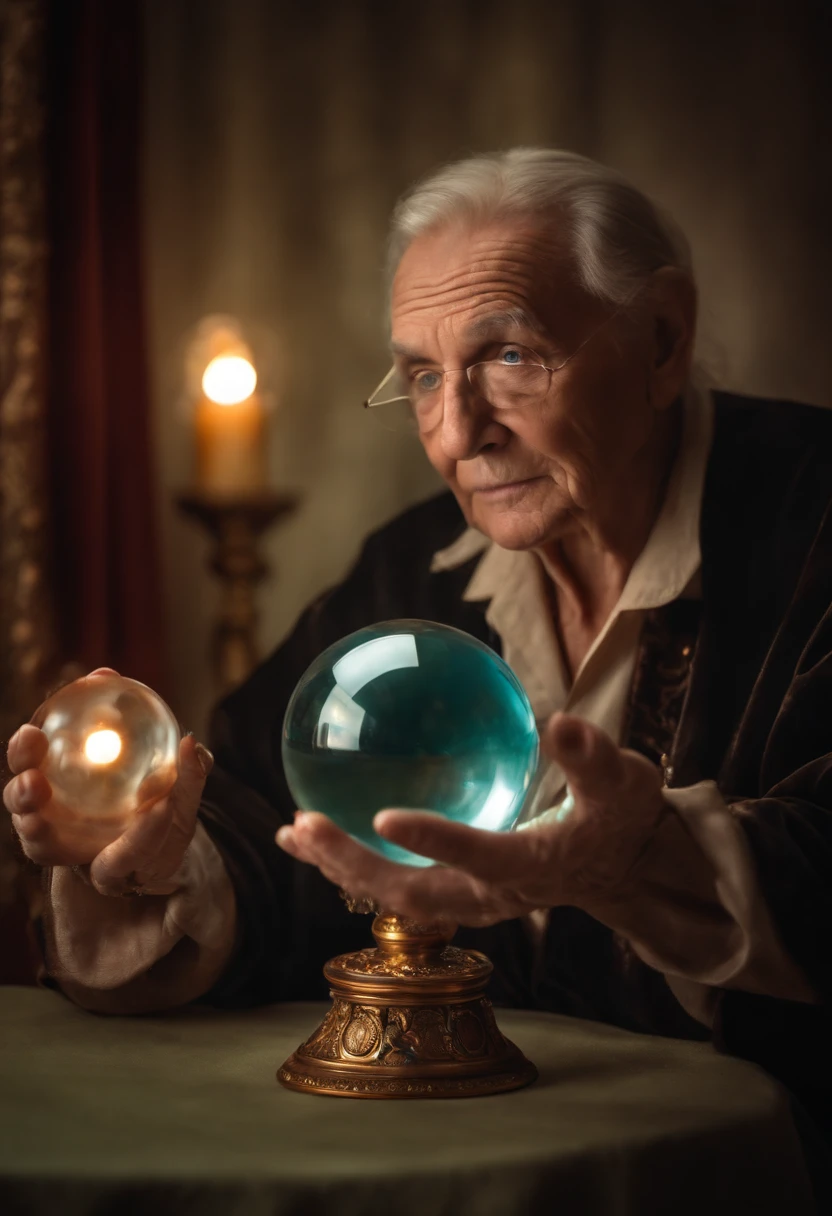 Elderly Psychic With Crystal Ball With Crystal Ball Looking Ahead