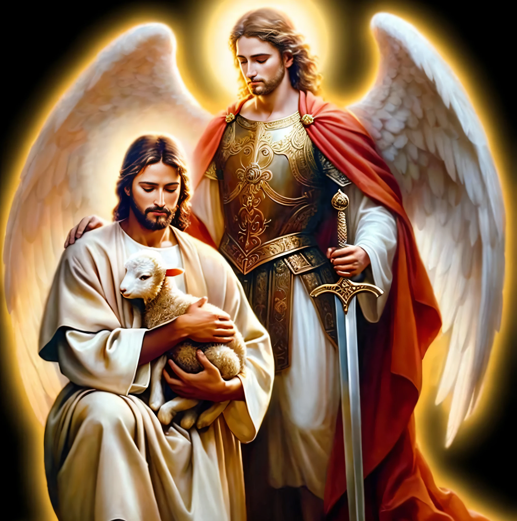 um close up de uma pintura de um anjo segurando um cordeiro, 2 anjos, anjo protegendo o homem, Arcanjo Miguel, jesus christ fighting lucifer, arcanjo, saint michael the angel, anjo, anjos biblicamente precisos, angels protecting a praying man, Anjos, Jesus, christian saint, angelic, santo, angelic, catholic religious art, biblical accurate angel, Trindade, Holy