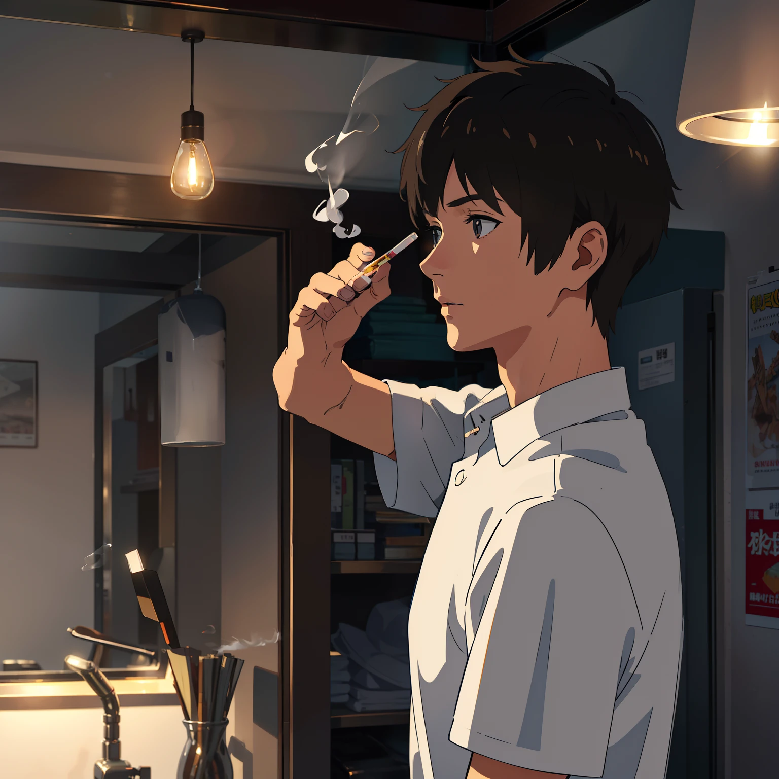 Man in short hair, white shirt lights up indoor smoke, cigarette butt in hand and creates a smoke effect。