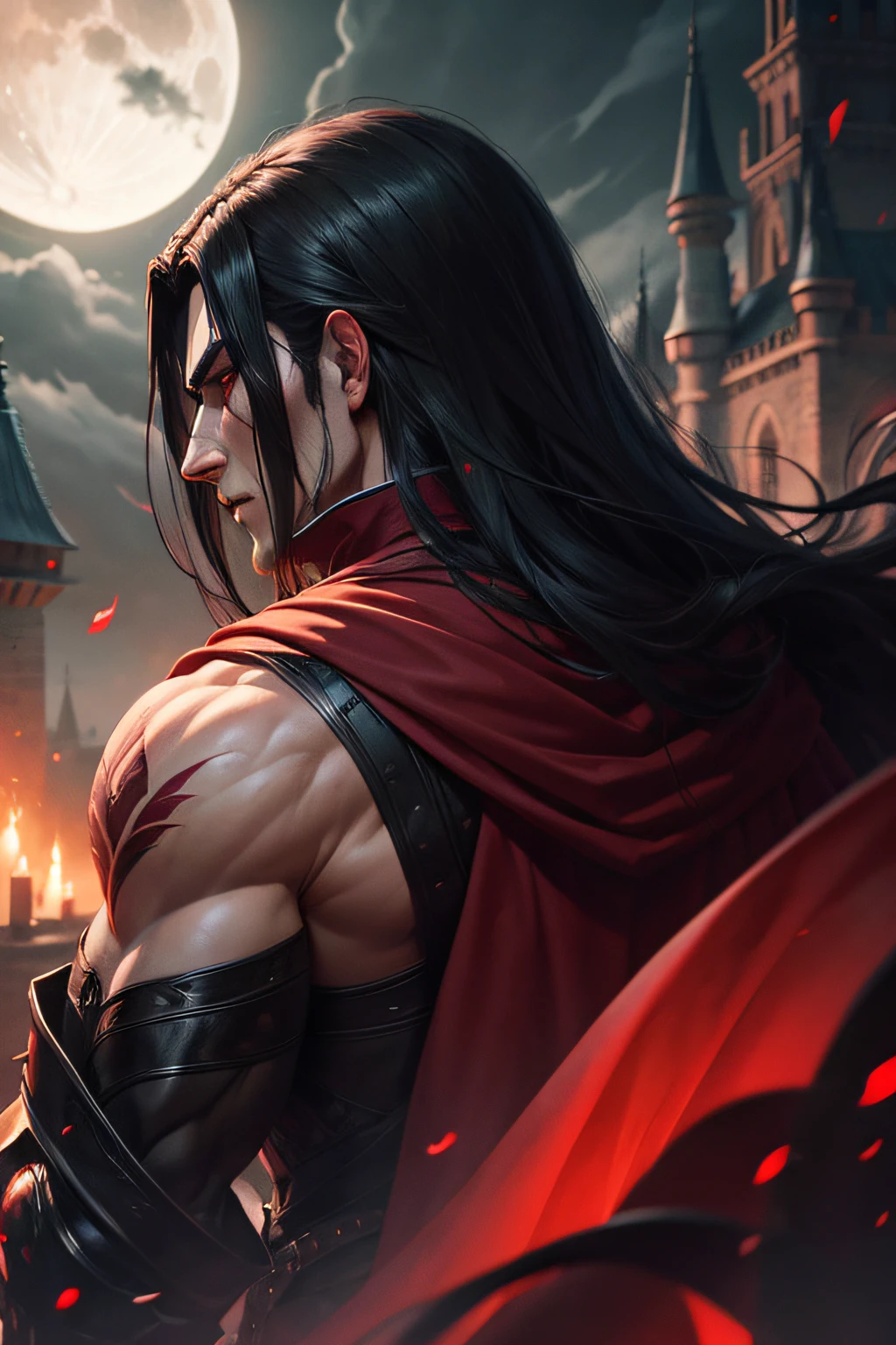 dark muscular male evil lord with long black hair wearing black and red cloak from behind looking at a castle, dark, moonlight