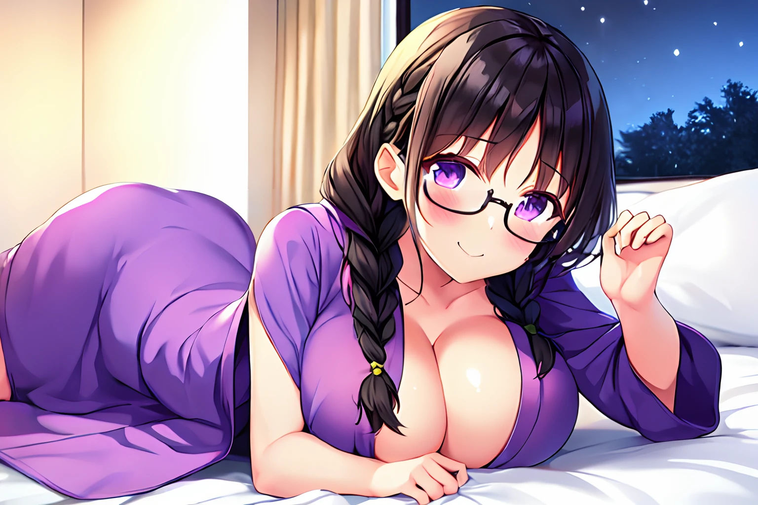 1girl, (lie on the bed), bedroom, night, windows, bathrobe, (black hair:1.1), (braid), (glasses), (purple eyes), (huge breast), looking at viewer, blush, happy, closed mouth