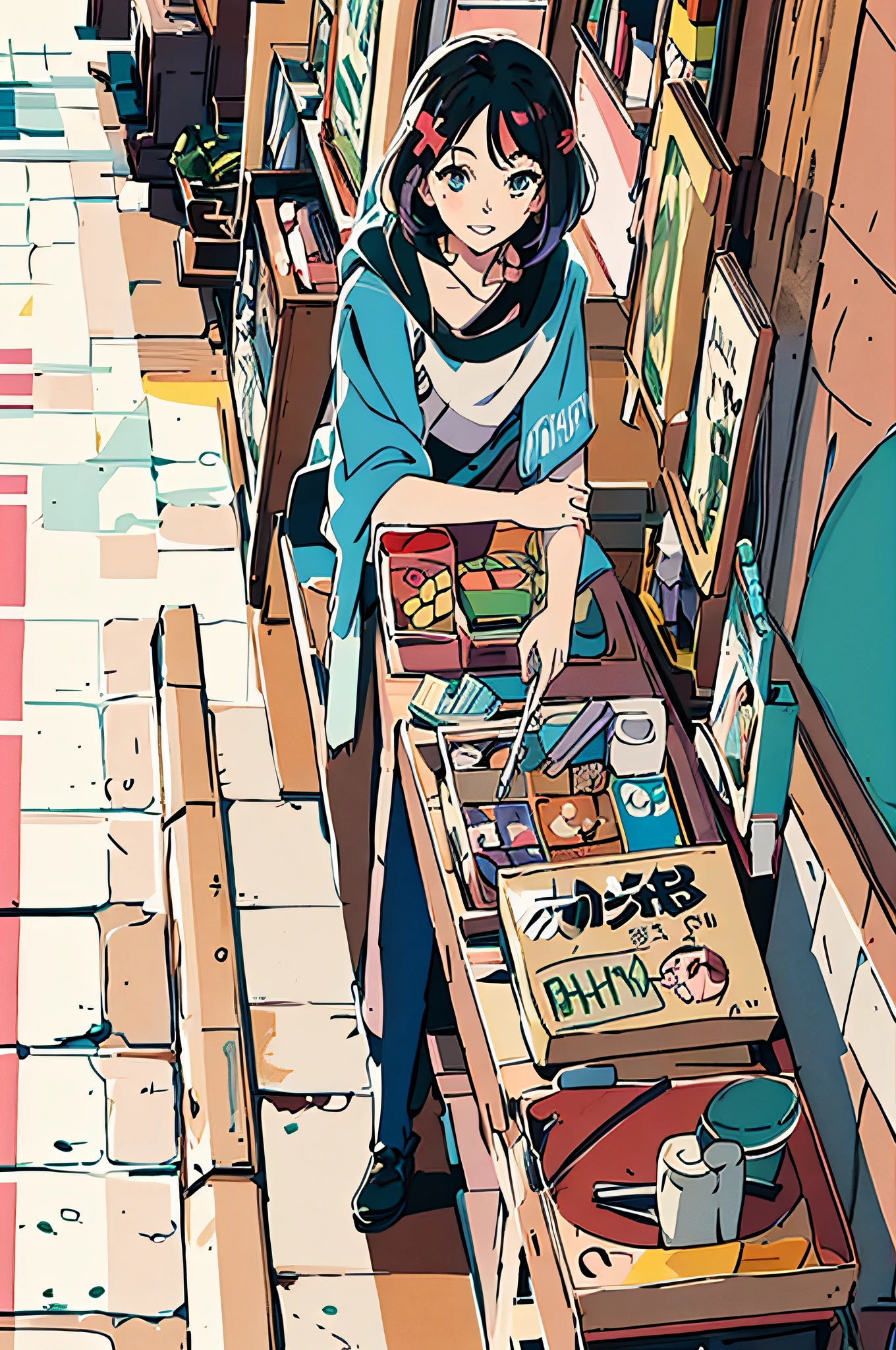 Anime girl standing in narrow alley,Holding a cartload of food in his hand, tokyo anime anime scene, lofi-girl, Anime style illustration, offcial art, convenience store, Japanese cartoon style, Anime background art, Anime style artwork, Makoto Shinkai's style, Digital anime illustration, by Kubisi art, Japanese animation style, makoto shinkai art style