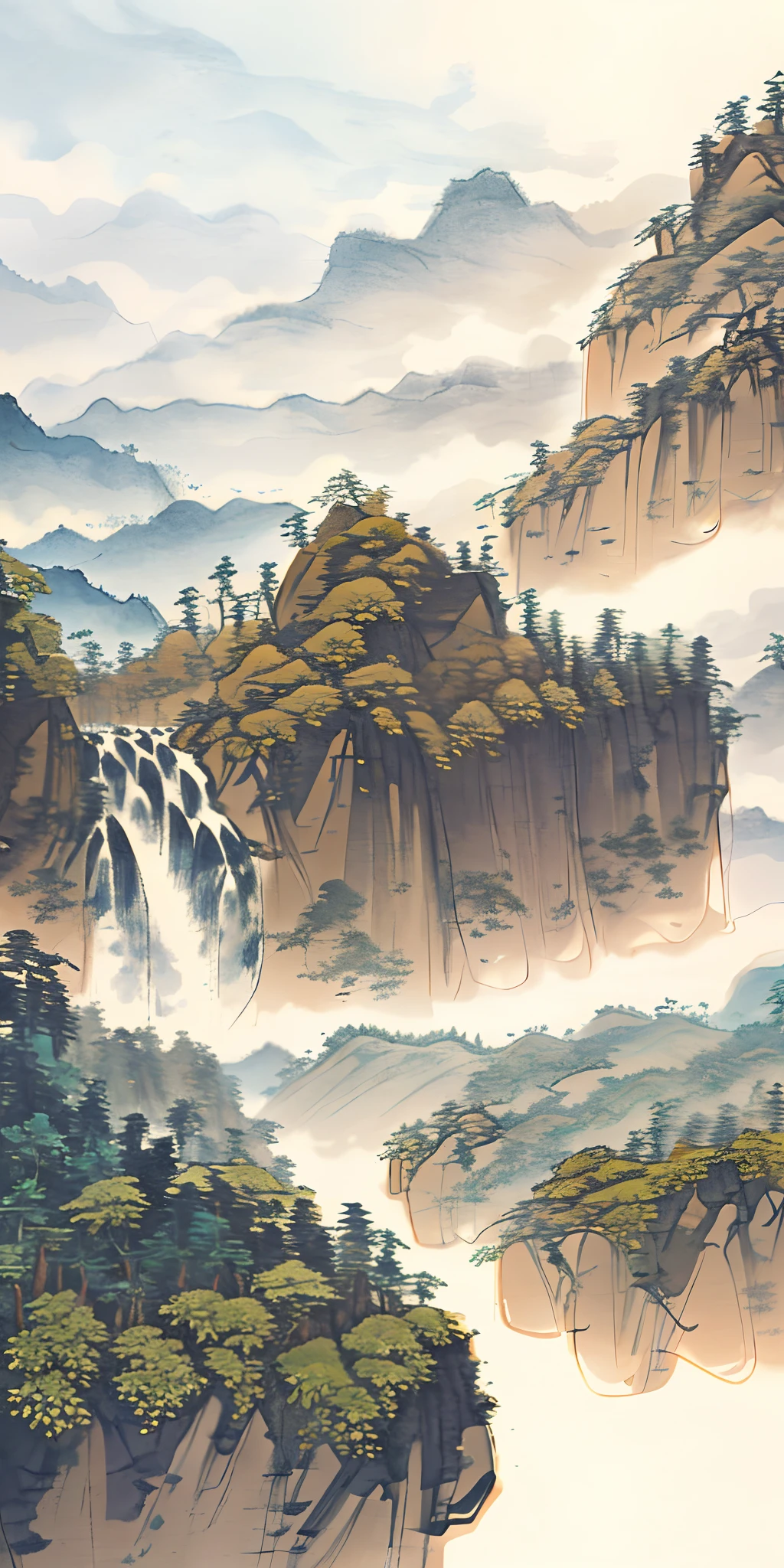 masterpiece, best quality, high quality, extremely detailed CG unity 8k wallpaper, scenery, outdoors, sky, cloud, day, no humans, mountain, landscape, water, tree, blue sky, waterfall, cliff, nature, lake, river, cloudy sky,award winning photography, Bokeh, Depth of Field, HDR, bloom, Chromatic Aberration ,Photorealistic,extremely detailed, trending on artstation, trending on CGsociety, Intricate, High Detail, dramatic, art by midjourney